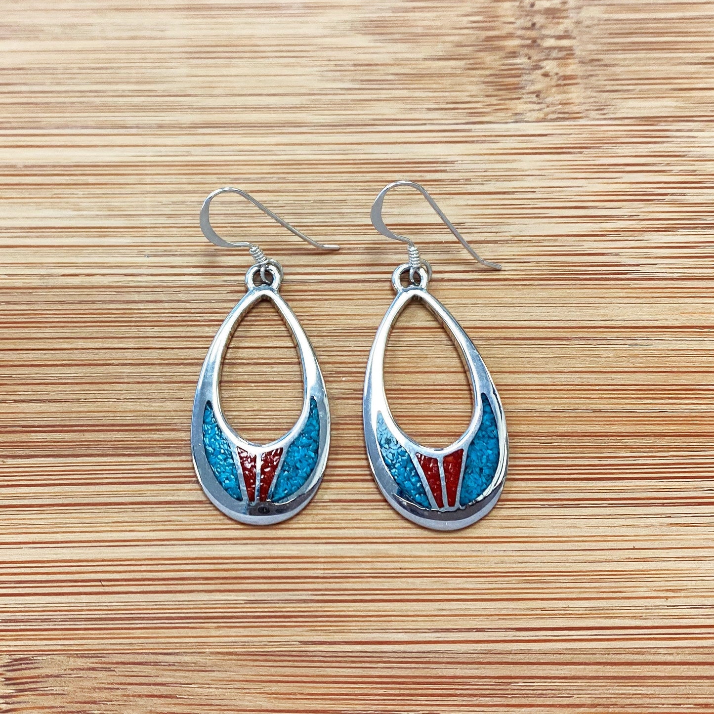 .925 Silver Hoop Shape Drop Earrings with Turquoise and Coral Inlay
