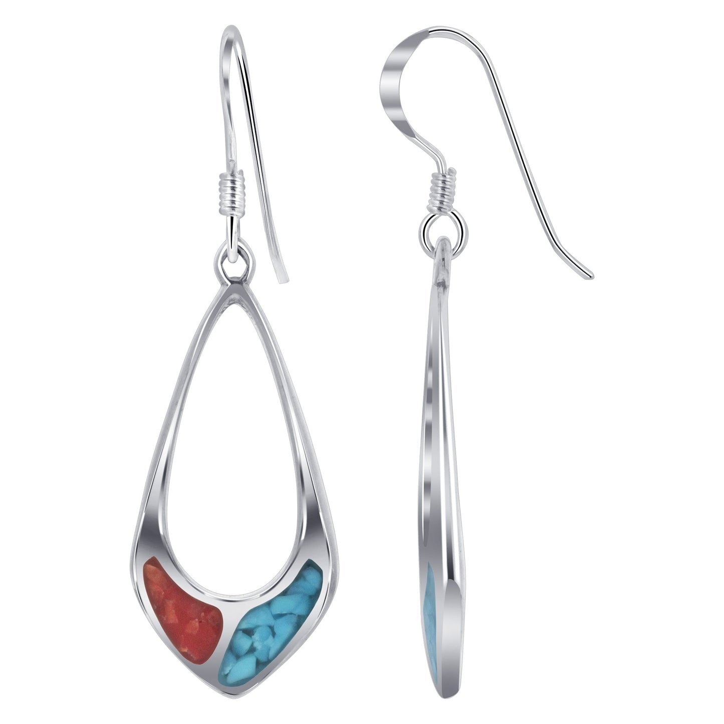 .925 Silver Hoop Shape Drop Earrings with Turquoise and Coral Inlay