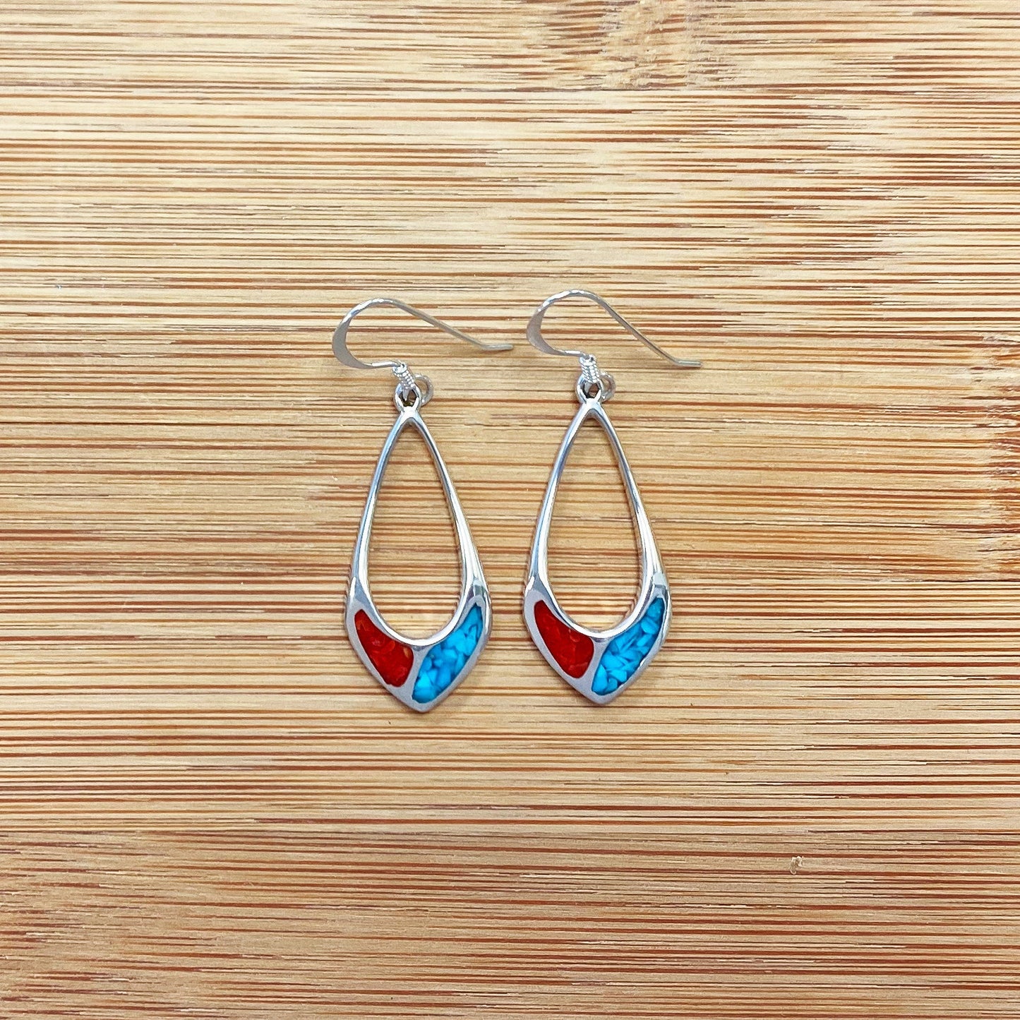 .925 Silver Hoop Shape Drop Earrings with Turquoise and Coral Inlay