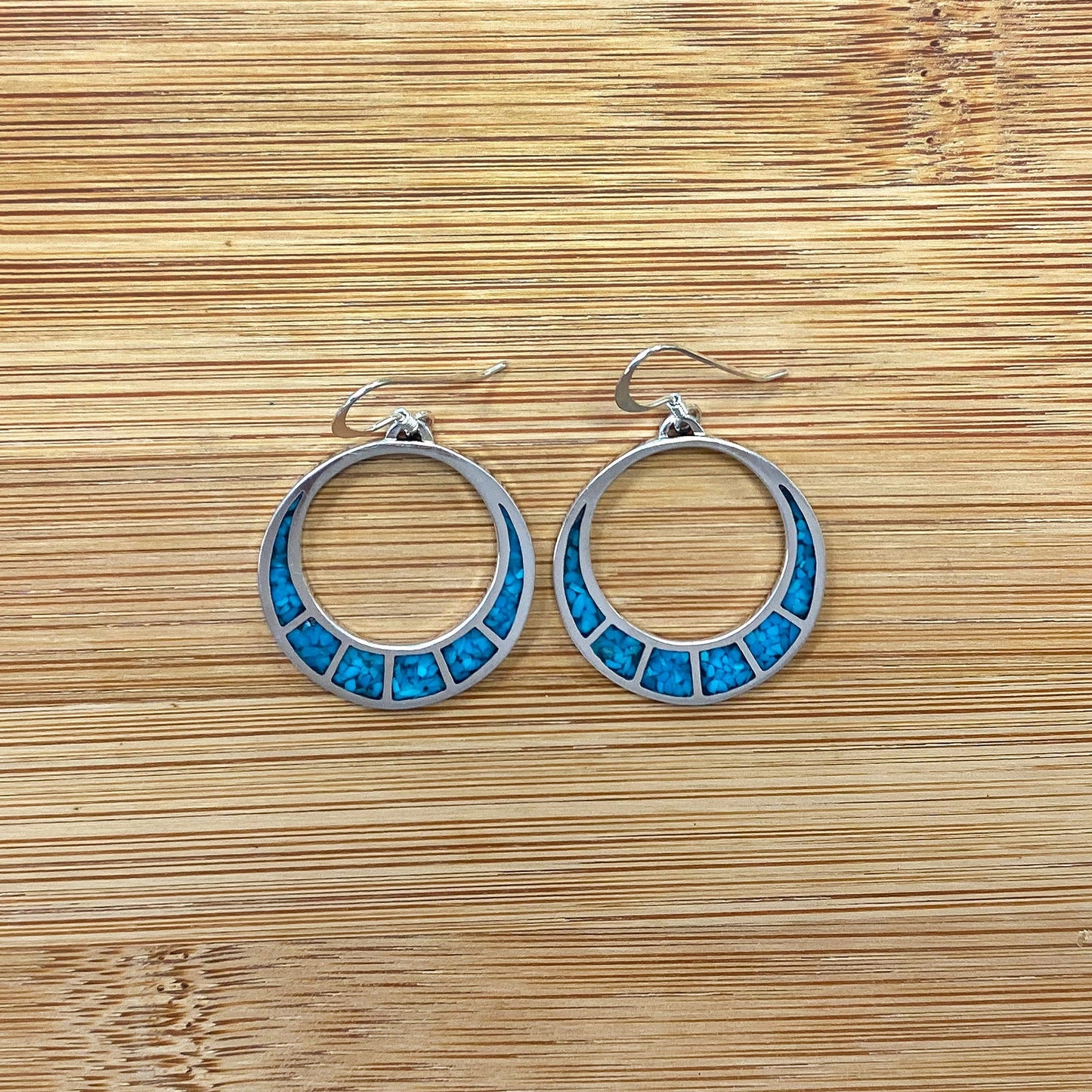 .925 Silver Hoop Shape Drop Earrings with Turquoise and Coral Inlay