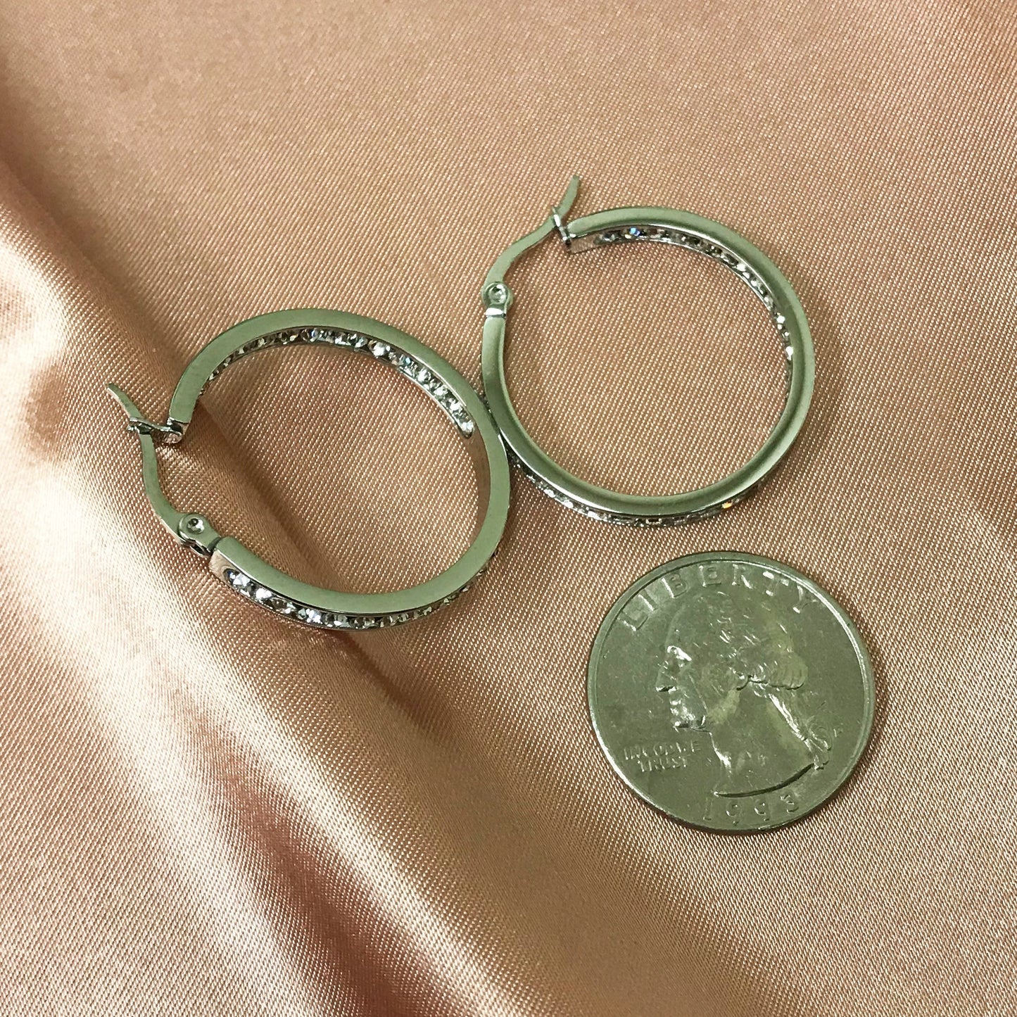 Silver Plated Stainless Steel Cubic Zirconia CZ 30mm Hoop Earrings