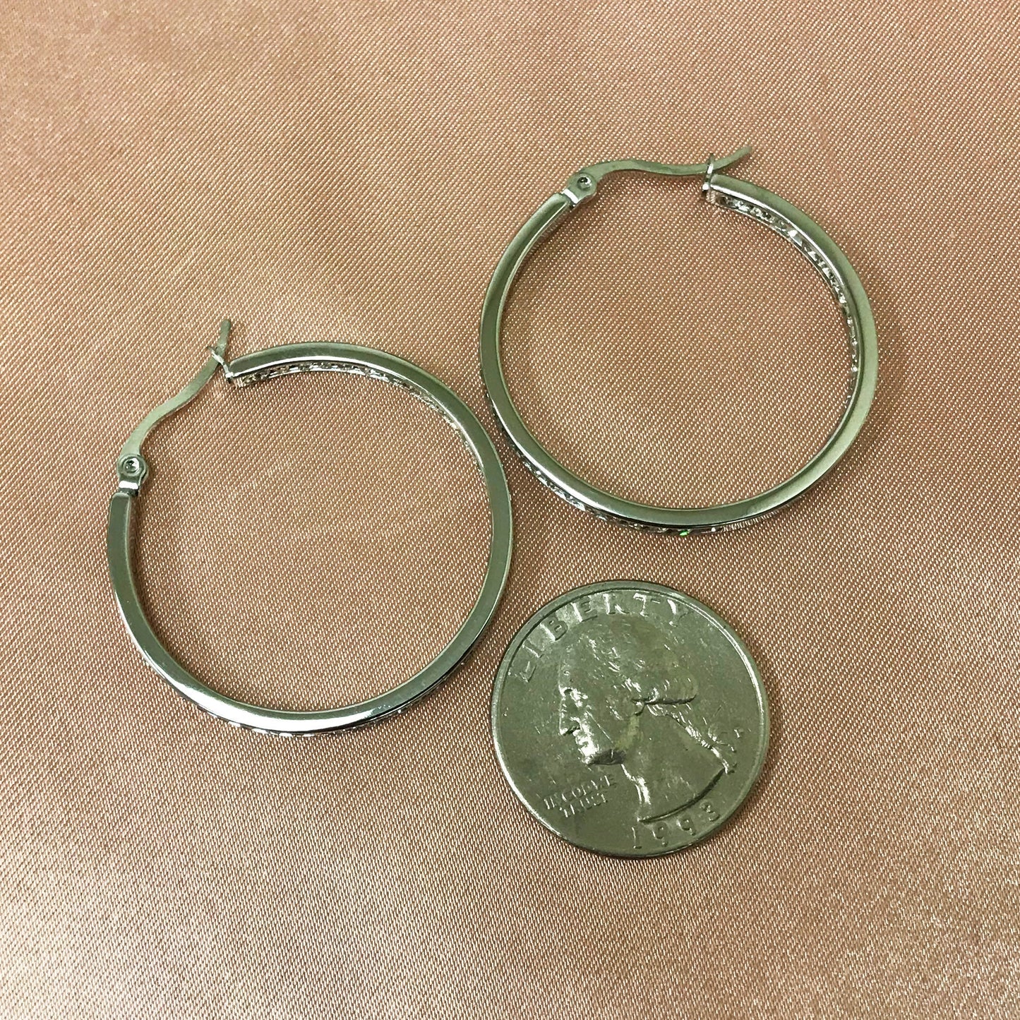 Silver Plated Stainless Steel Cubic Zirconia CZ 35mm Hoop Earrings