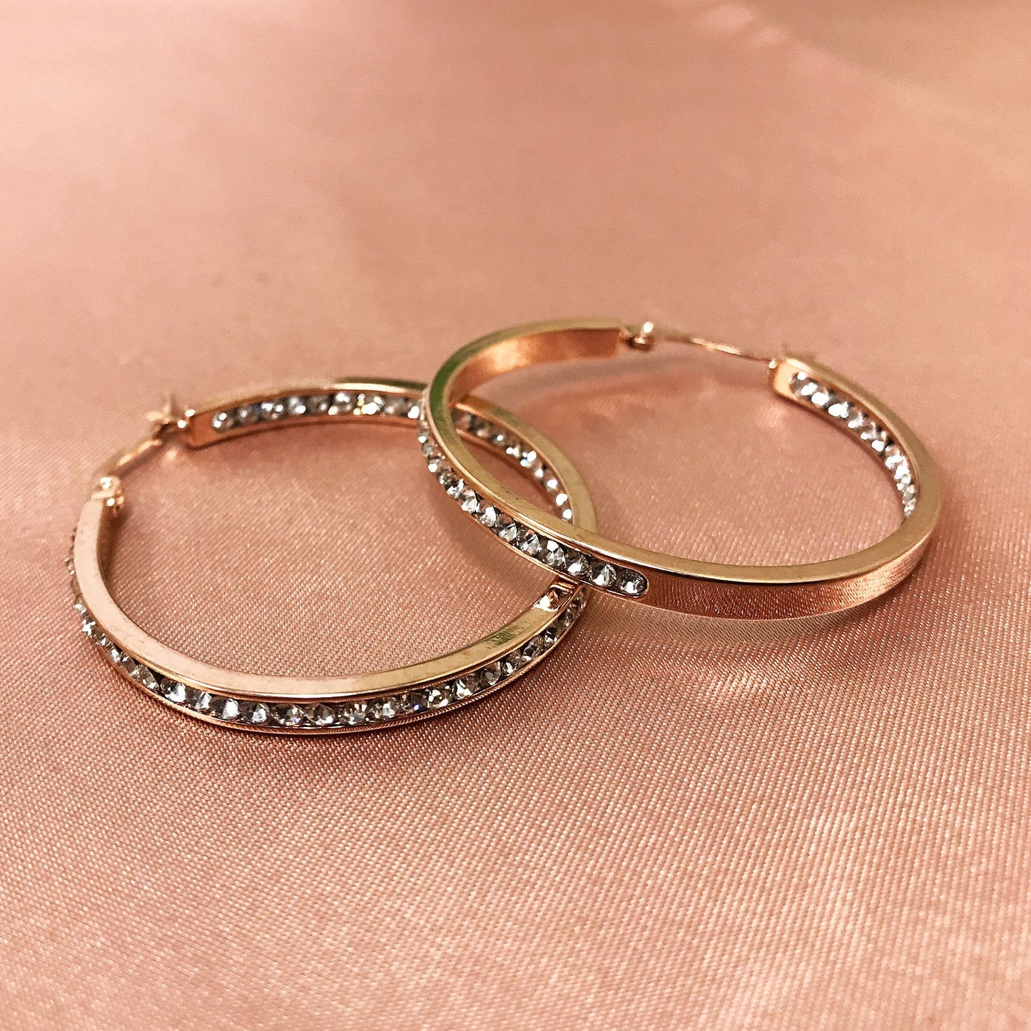 Rose Gold Plated Stainless Steel Cubic Zirconia CZ 40mm Hoop Earrings