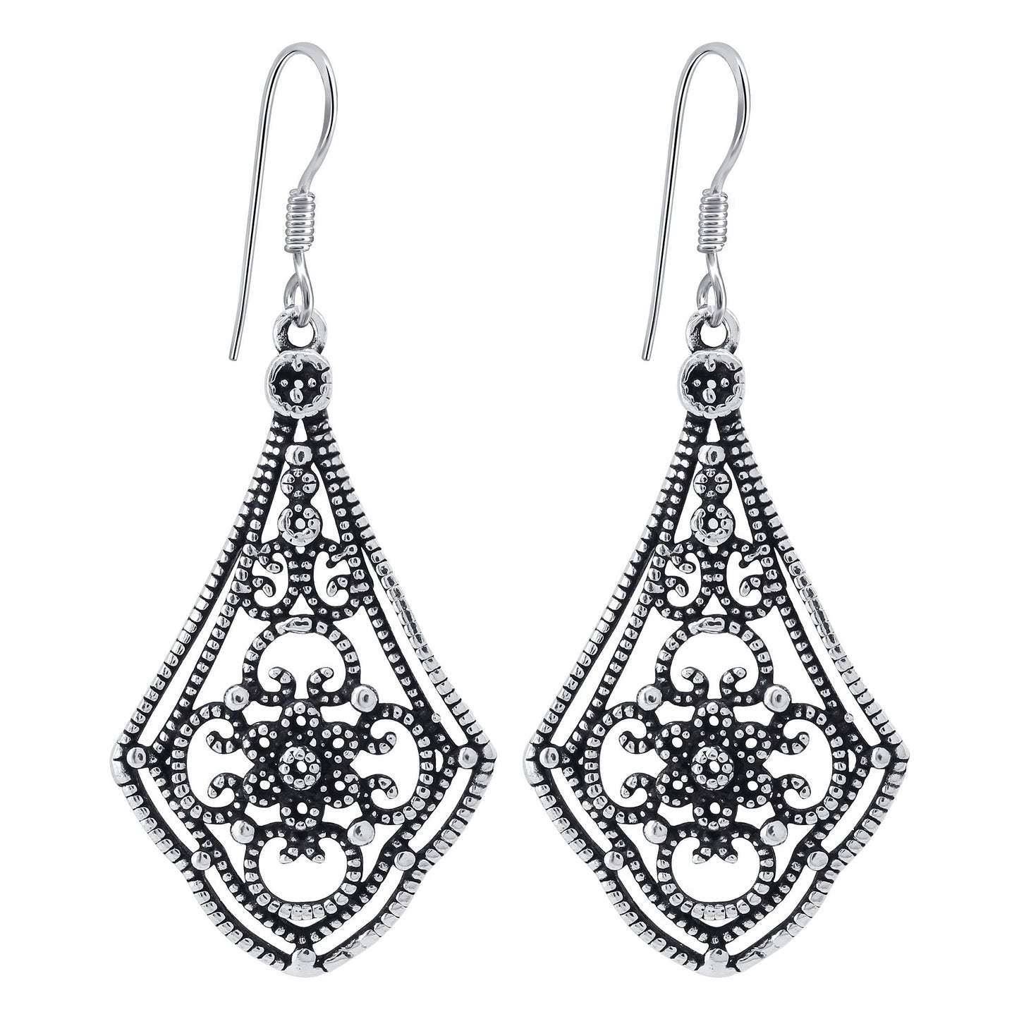 925 Sterling Silver Oxidised Filigree Vintage Style Dangle Earrings for Women - Gem Avenue