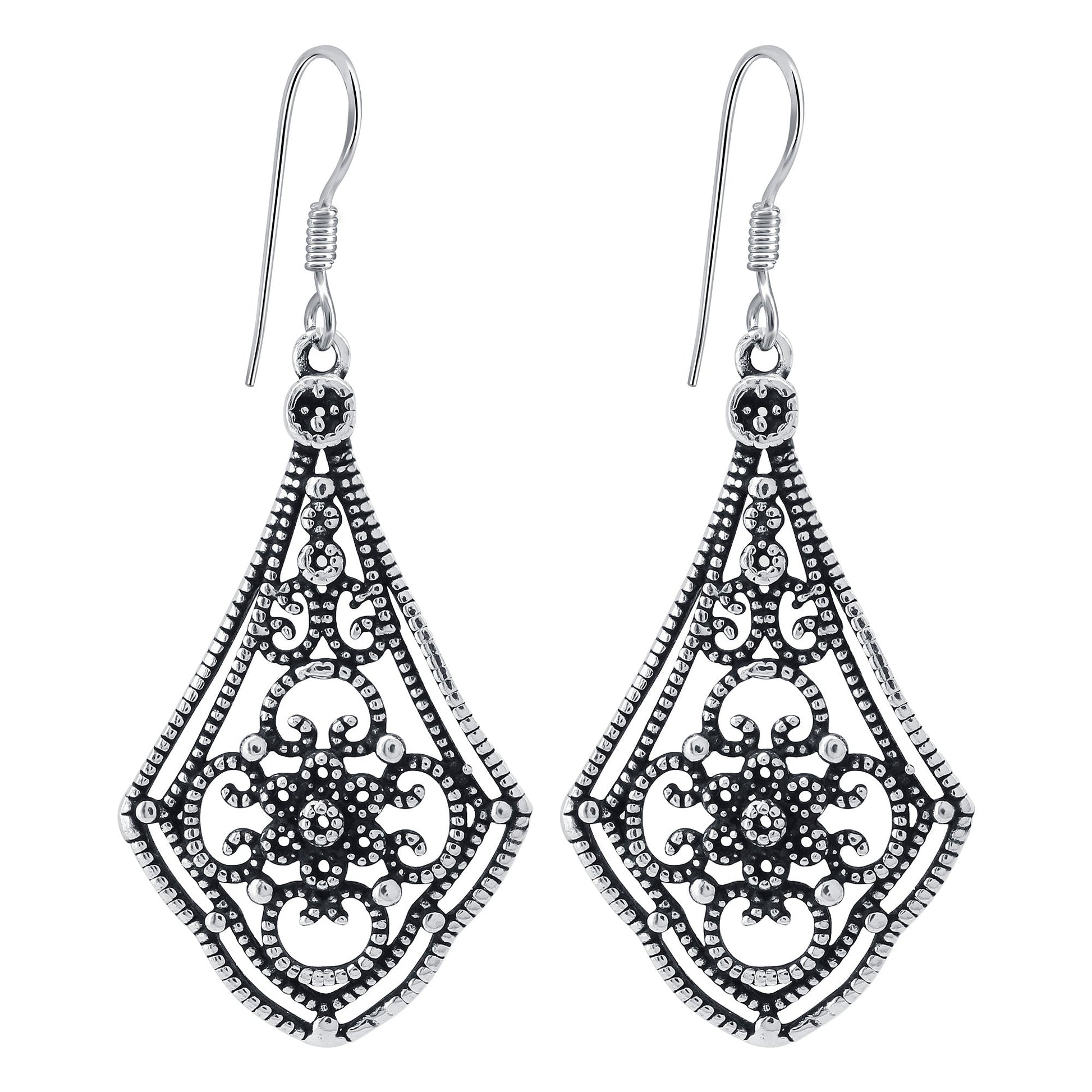 925 Sterling Silver Oxidised Filigree Vintage Style Dangle Earrings for Women - Gem Avenue