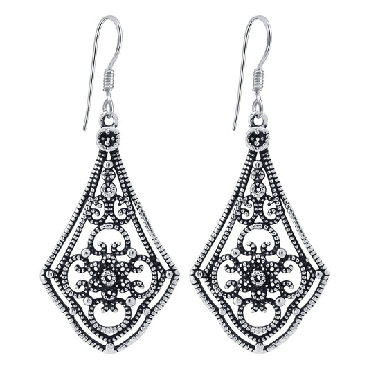 925 Sterling Silver Oxidised Filigree Vintage Style Dangle Earrings for Women - Gem Avenue