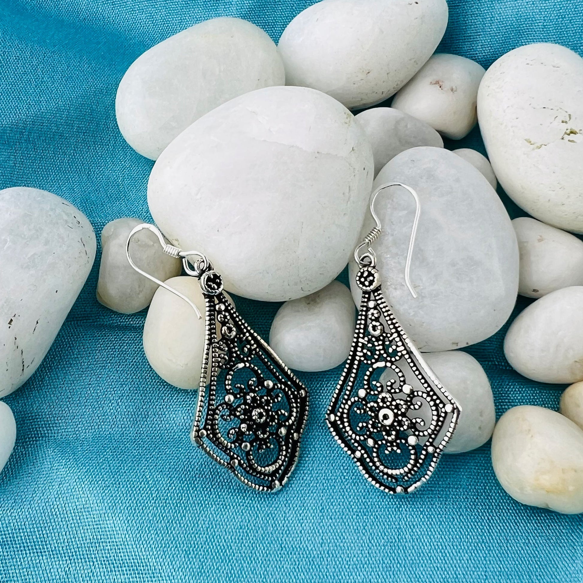 925 Sterling Silver Oxidised Filigree Vintage Style Dangle Earrings for Women - Gem Avenue