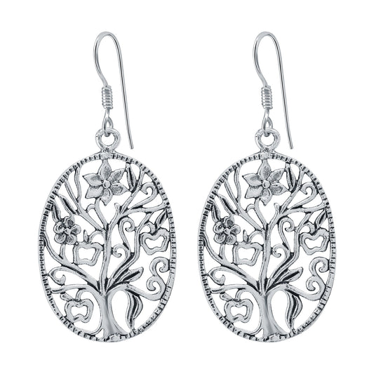 Spiritual Tree of Life Sterling Silver Oxidised Drop Earrings - Gem Avenue