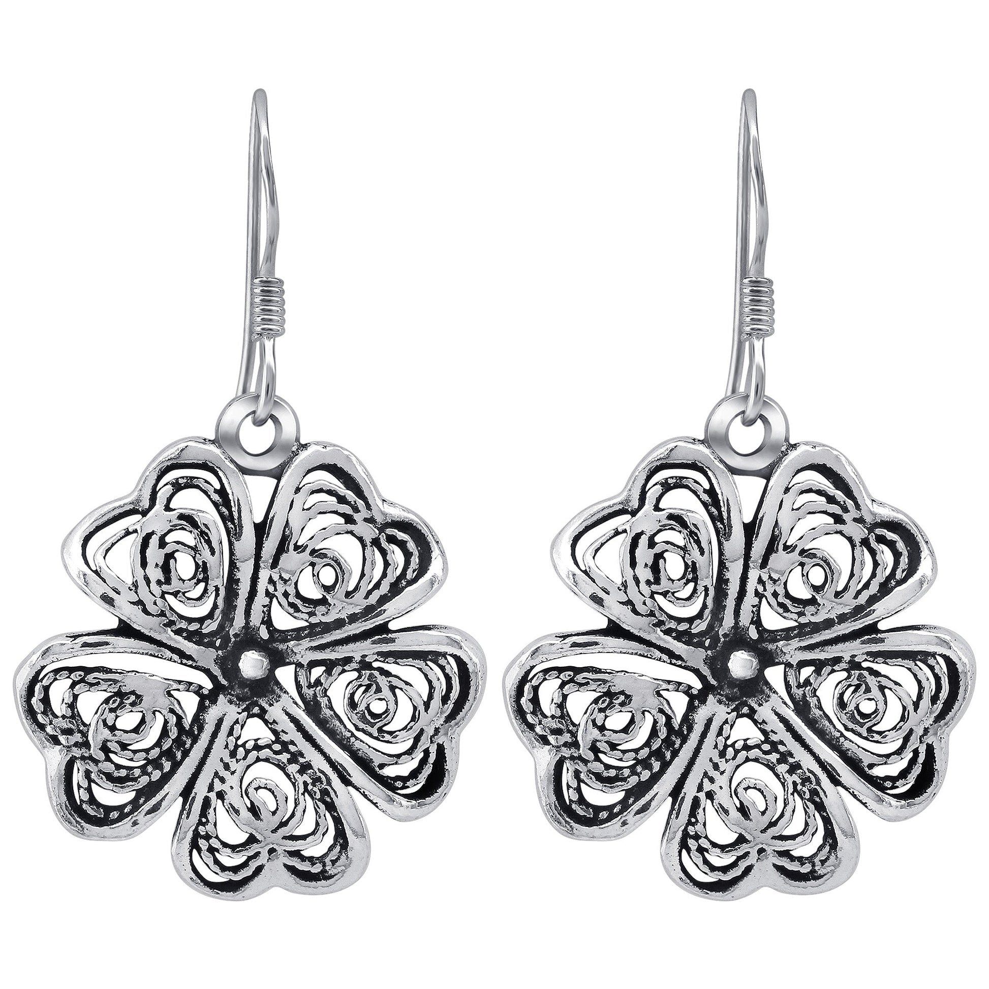925 Sterling Silver Oxidised Five Leaf Flower Heart Love Dangle Earrings - Gem Avenue