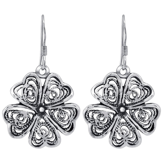 925 Sterling Silver Oxidised Five Leaf Flower Heart Love Dangle Earrings - Gem Avenue
