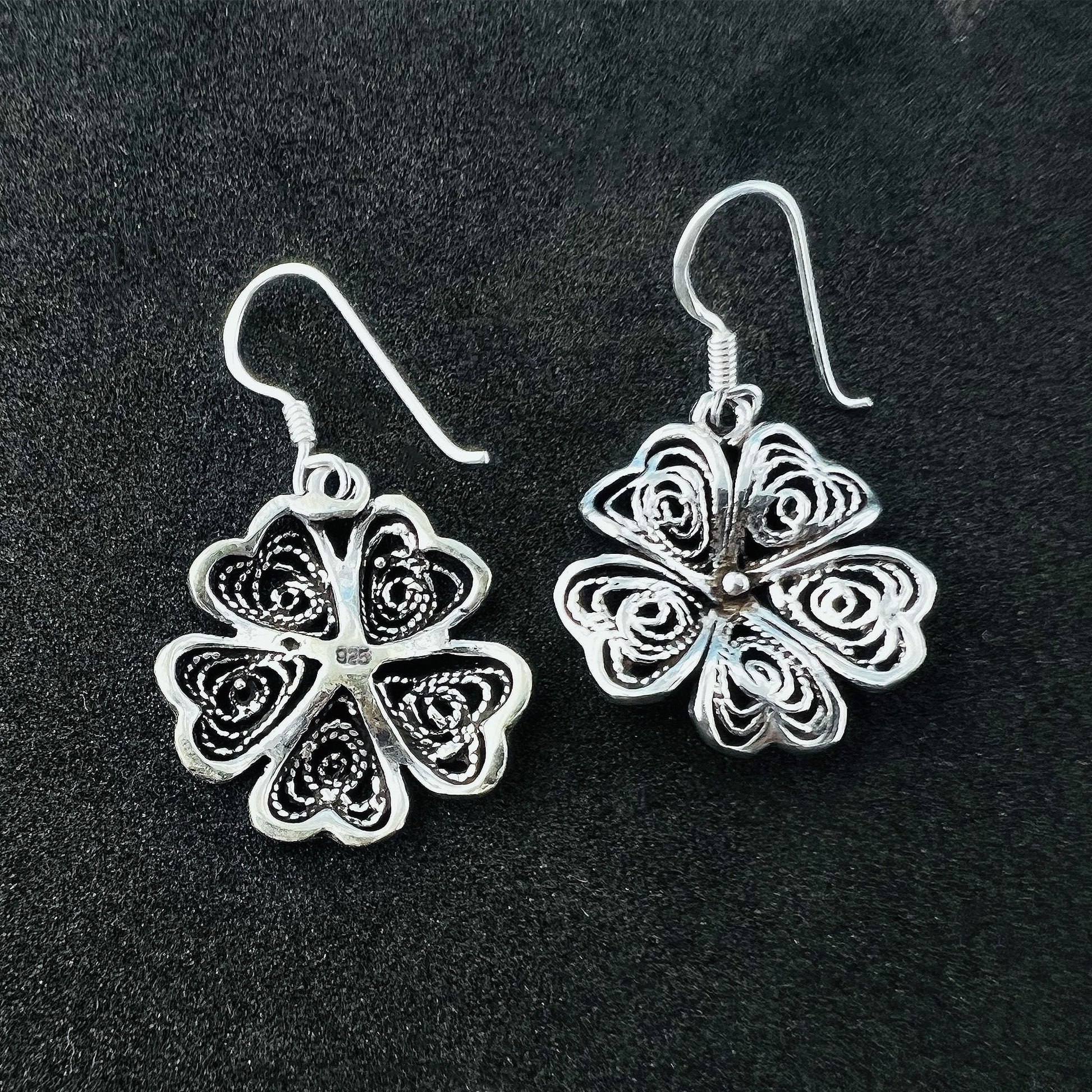 925 Sterling Silver Oxidised Five Leaf Flower Heart Love Dangle Earrings - Gem Avenue