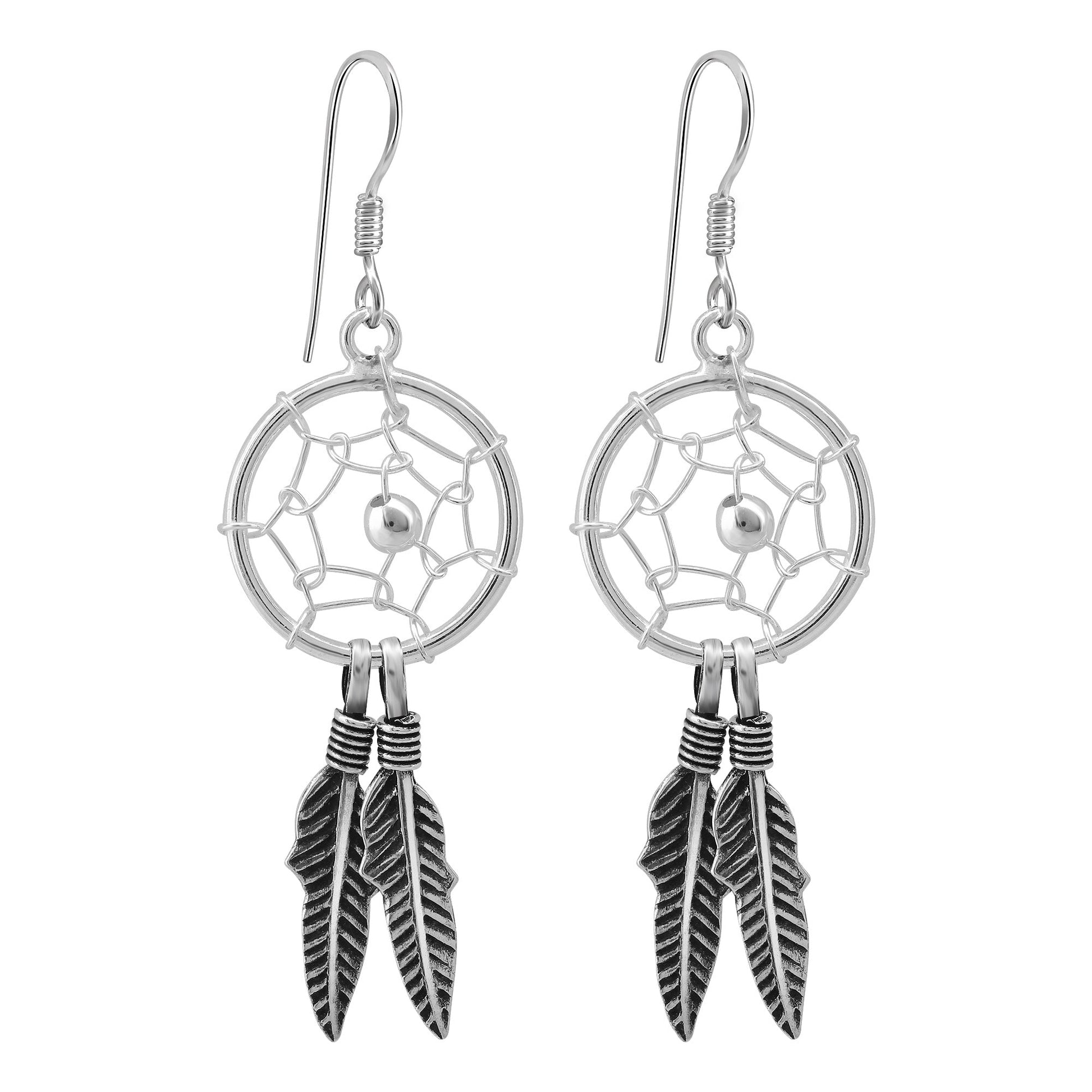 Southwestern Style Dream Catcher & Web Feather 925 Silver Dangle Earrings - Gem Avenue