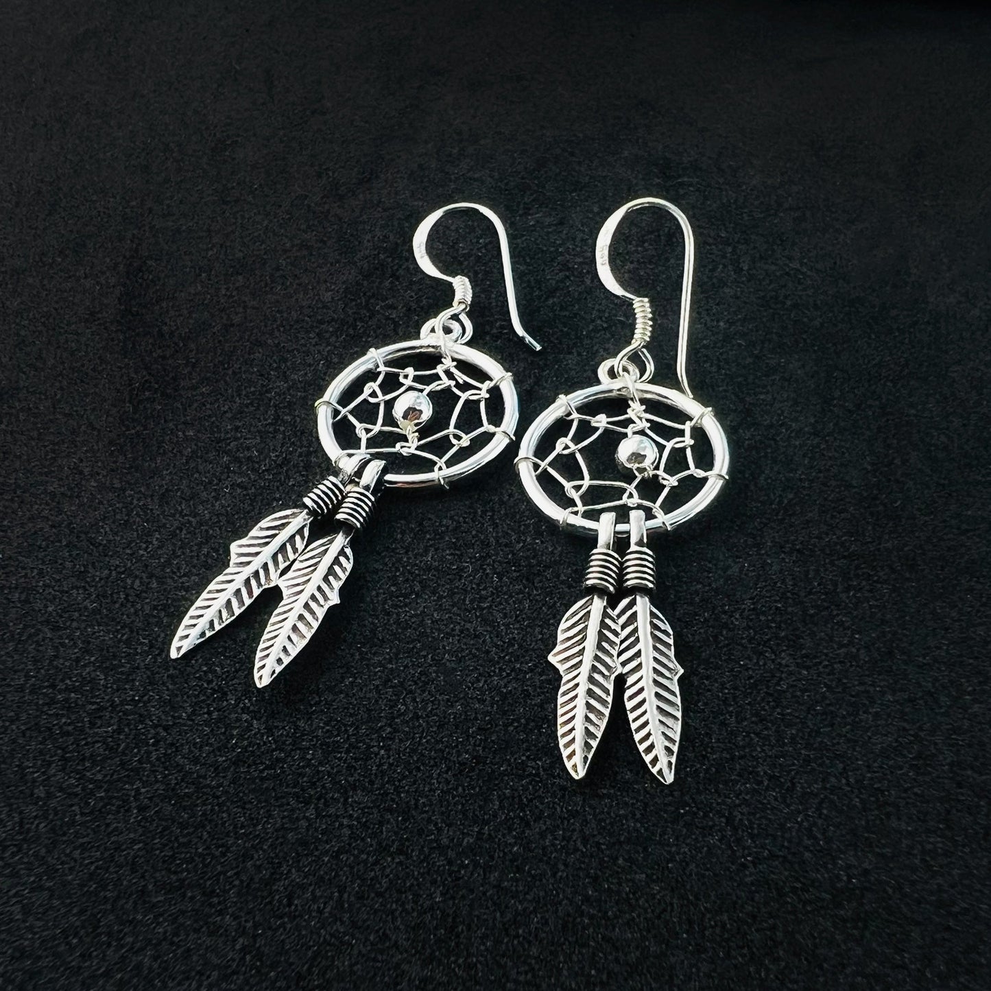 Southwestern Style Dream Catcher & Web Feather 925 Silver Dangle Earrings - Gem Avenue