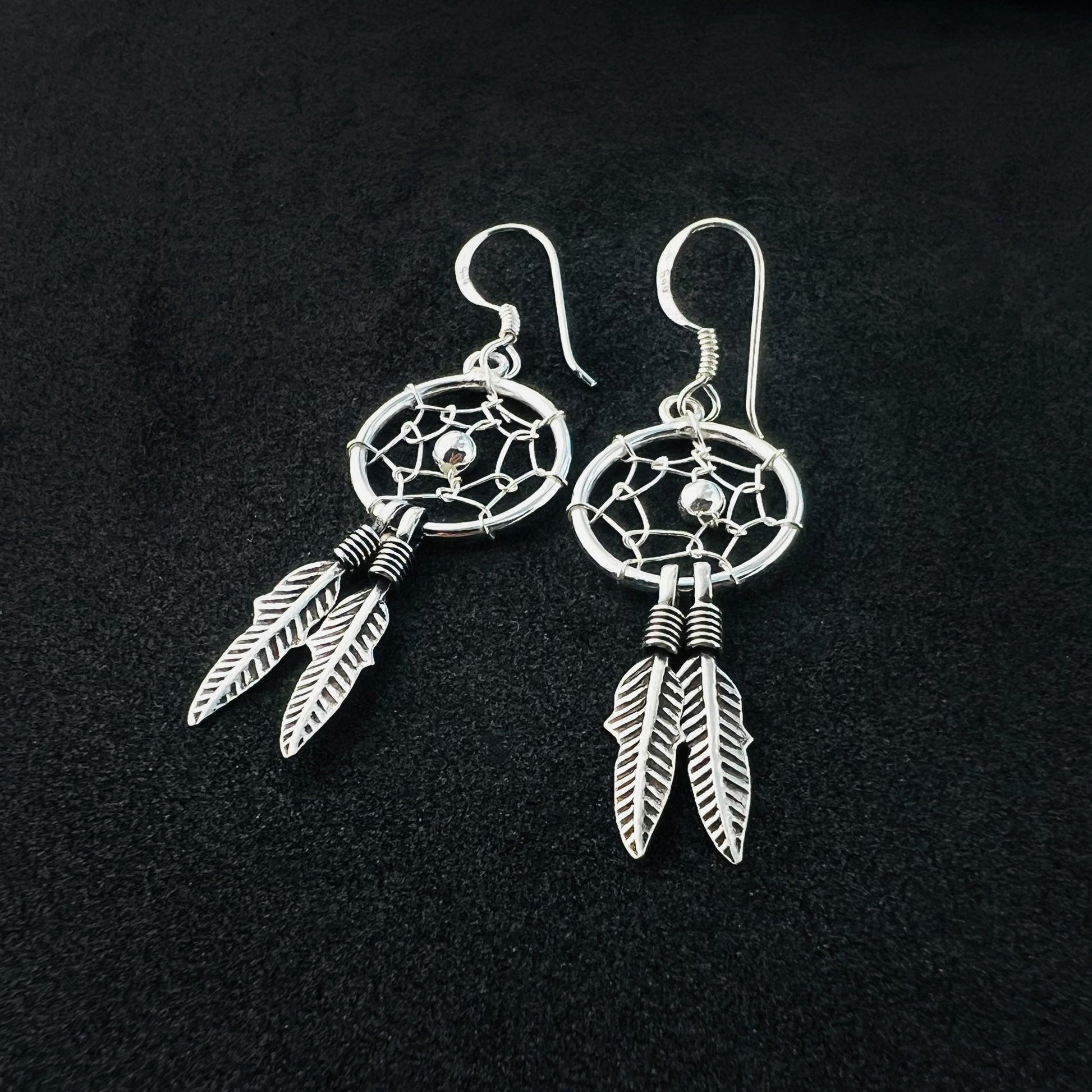 Southwestern Style Dream Catcher & Web Feather 925 Silver Dangle Earrings - Gem Avenue