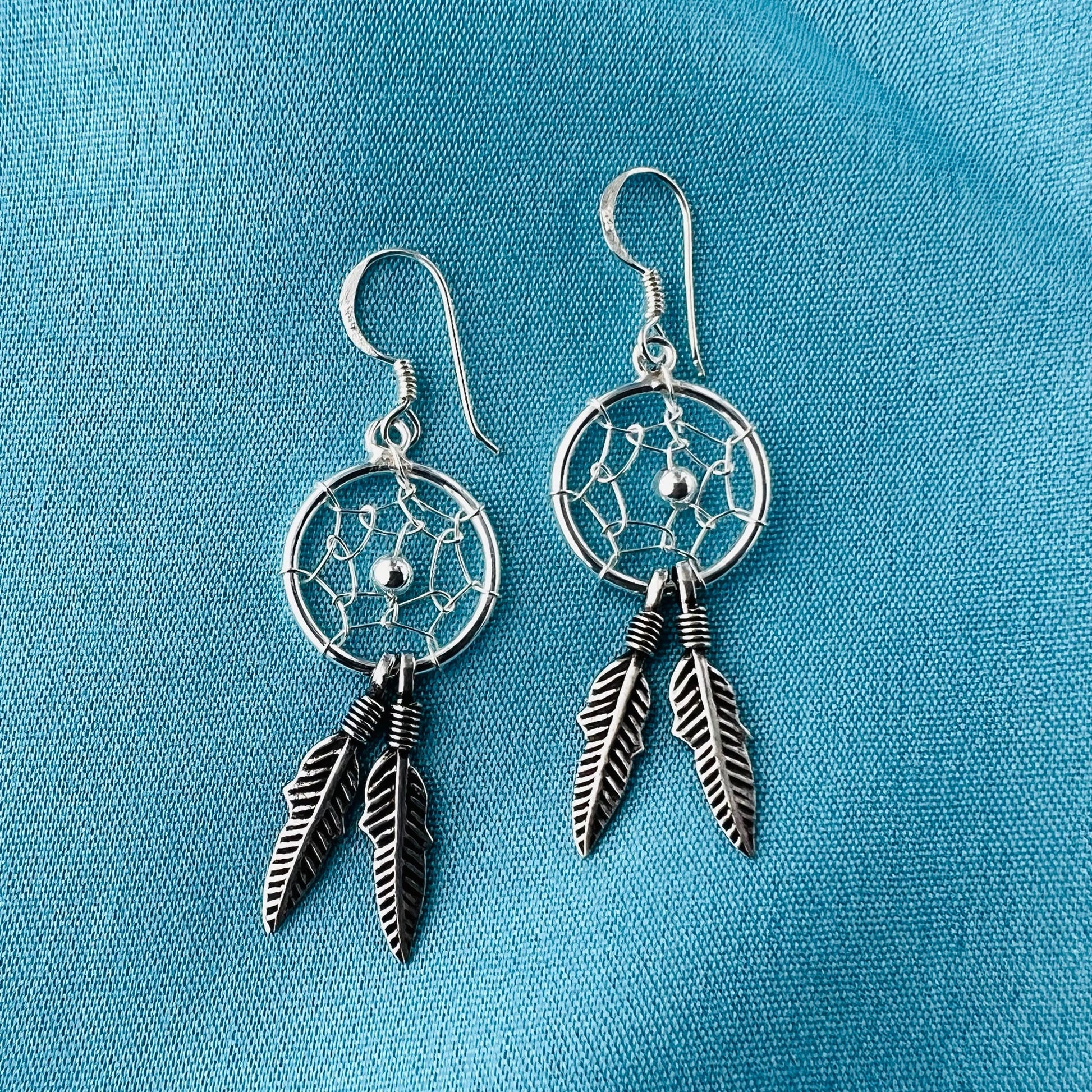 Southwestern Style Dream Catcher & Web Feather 925 Silver Dangle Earrings - Gem Avenue