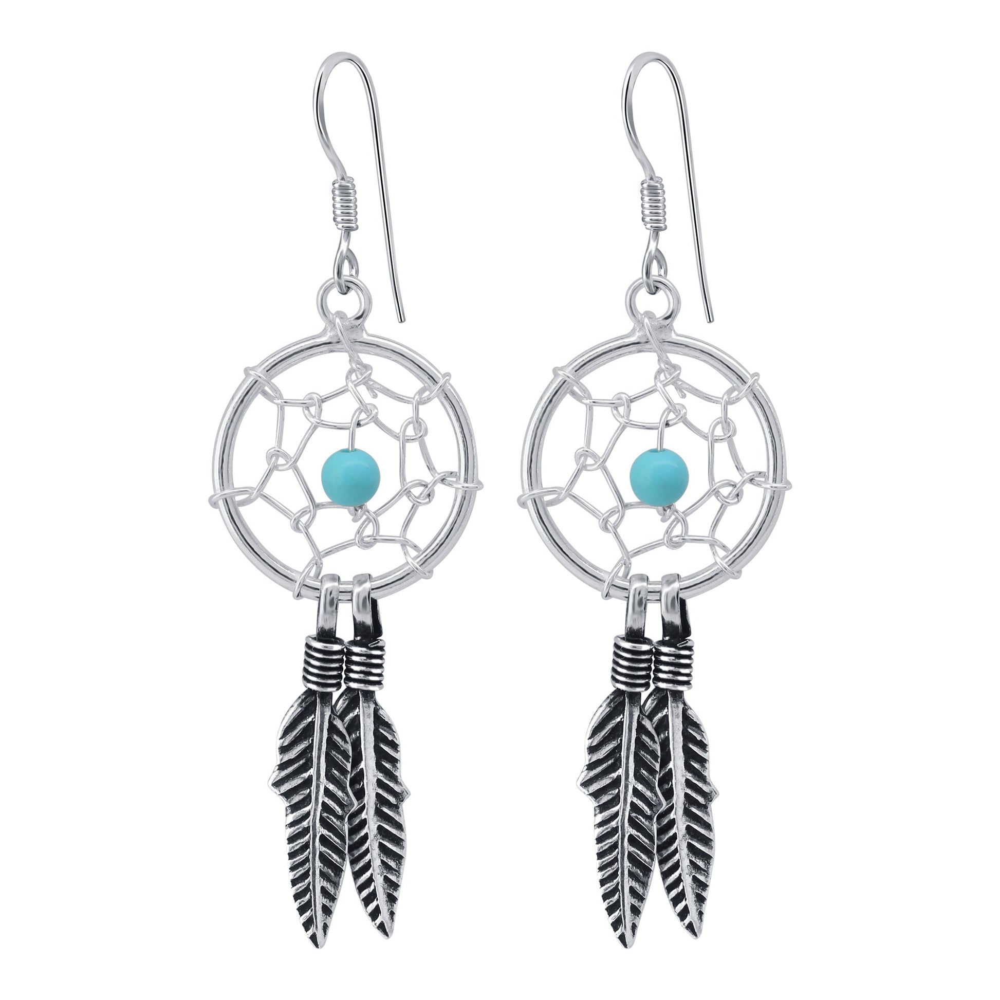 Simulated Turquoise & Web Feather 925 Sterling Silver Hook Earrings - Gem Avenue