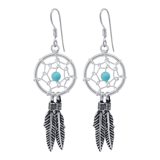 Simulated Turquoise & Web Feather 925 Sterling Silver Hook Earrings - Gem Avenue