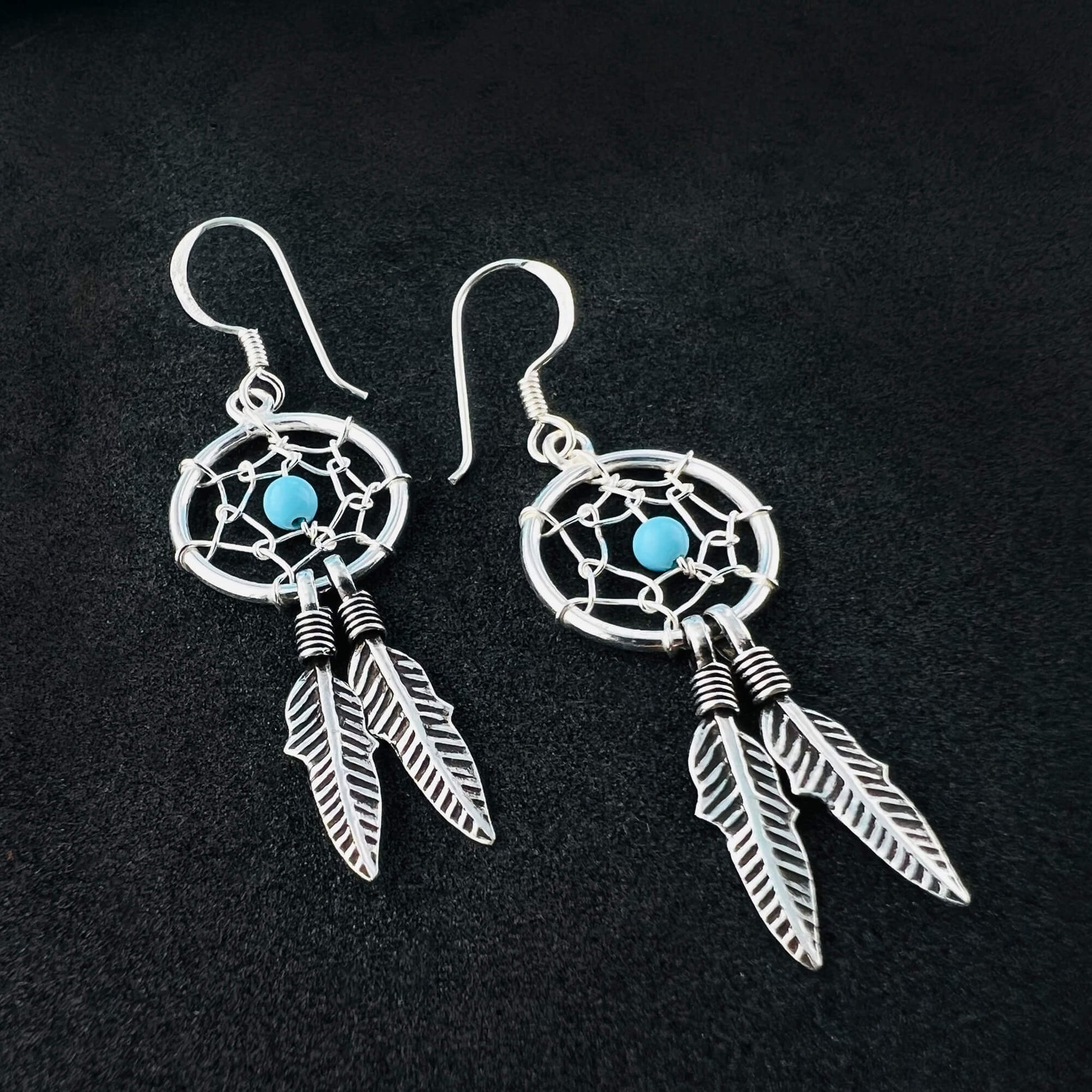 Simulated Turquoise & Web Feather 925 Sterling Silver Hook Earrings - Gem Avenue