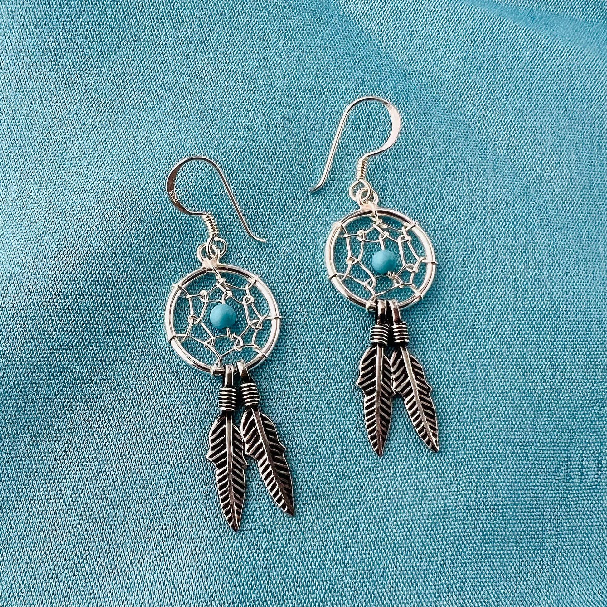 Simulated Turquoise & Web Feather 925 Sterling Silver Hook Earrings - Gem Avenue