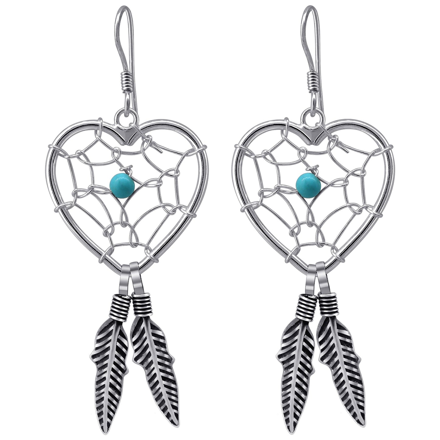 Turquoise Heart & Web Feather 925 Sterling Silver Hook Dangle Earrings - Gem Avenue