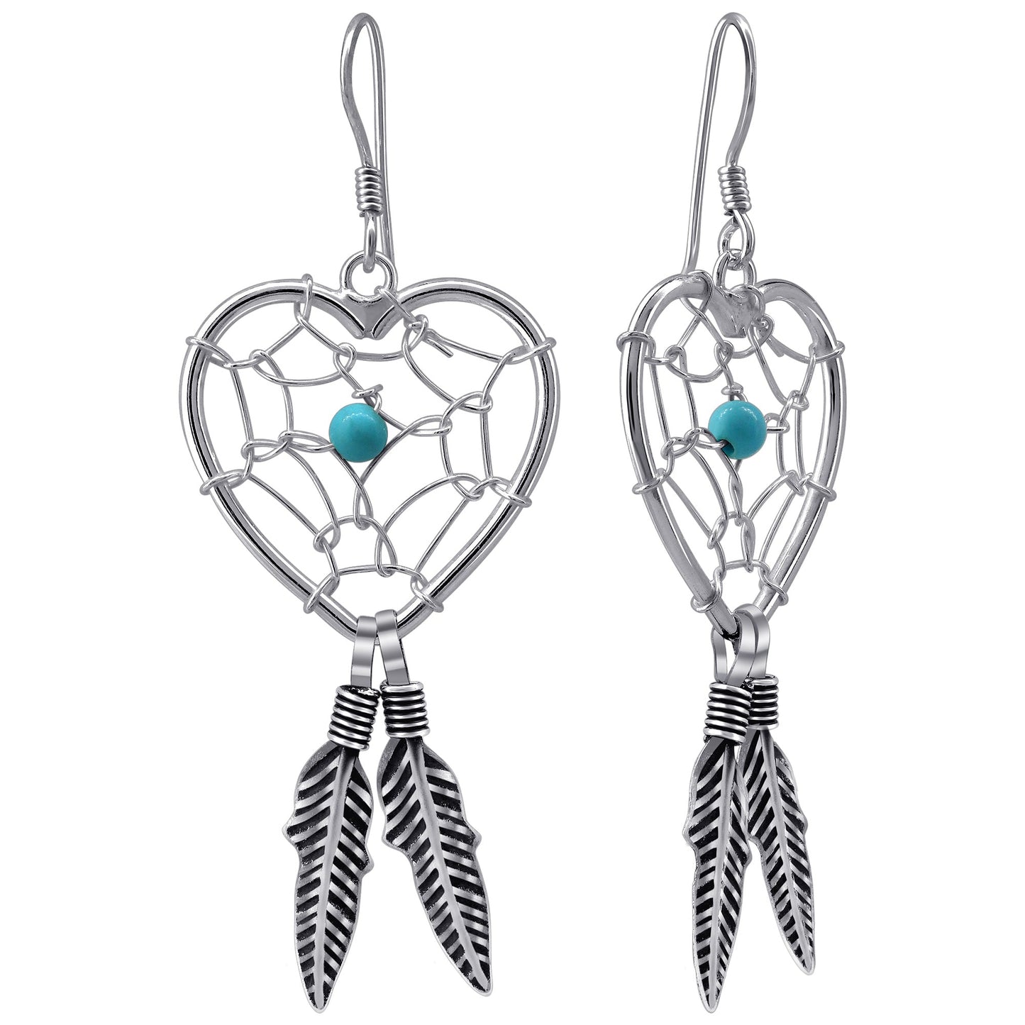 Turquoise Heart & Web Feather 925 Sterling Silver Hook Dangle Earrings - Gem Avenue