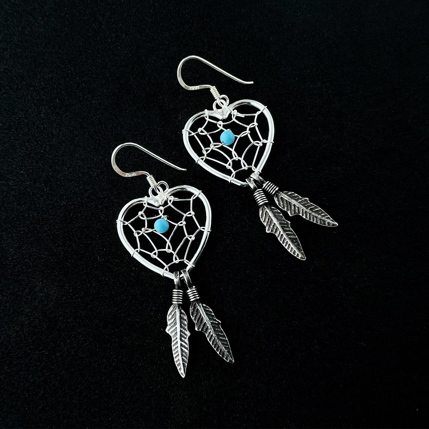 Turquoise Heart & Web Feather 925 Sterling Silver Hook Dangle Earrings - Gem Avenue