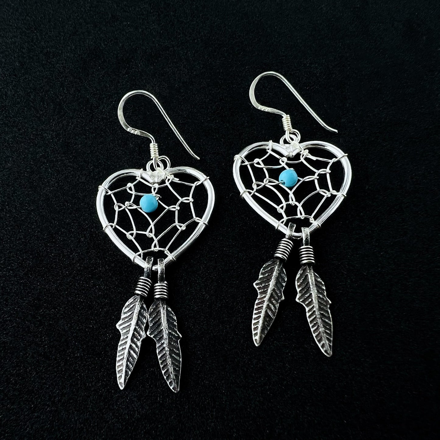 Turquoise Heart & Web Feather 925 Sterling Silver Hook Dangle Earrings - Gem Avenue