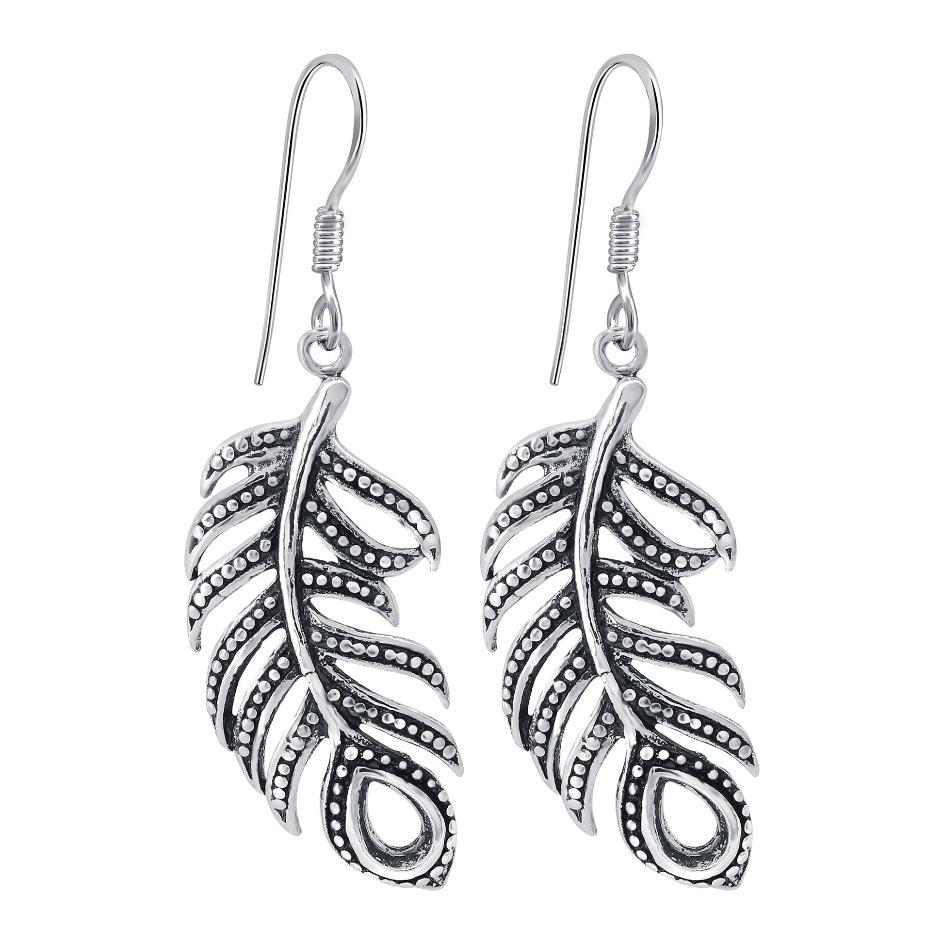 Leaf Crawler Feather Design 925 Sterling Silver Oxidized Hook Dangle Earrings - Gem Avenue