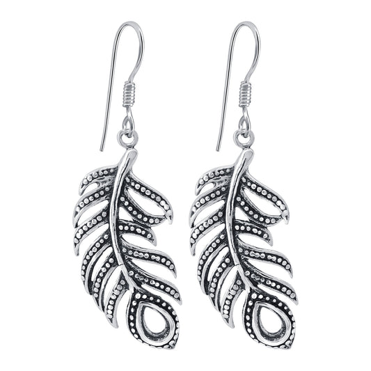 Leaf Crawler Feather Design 925 Sterling Silver Oxidized Hook Dangle Earrings - Gem Avenue