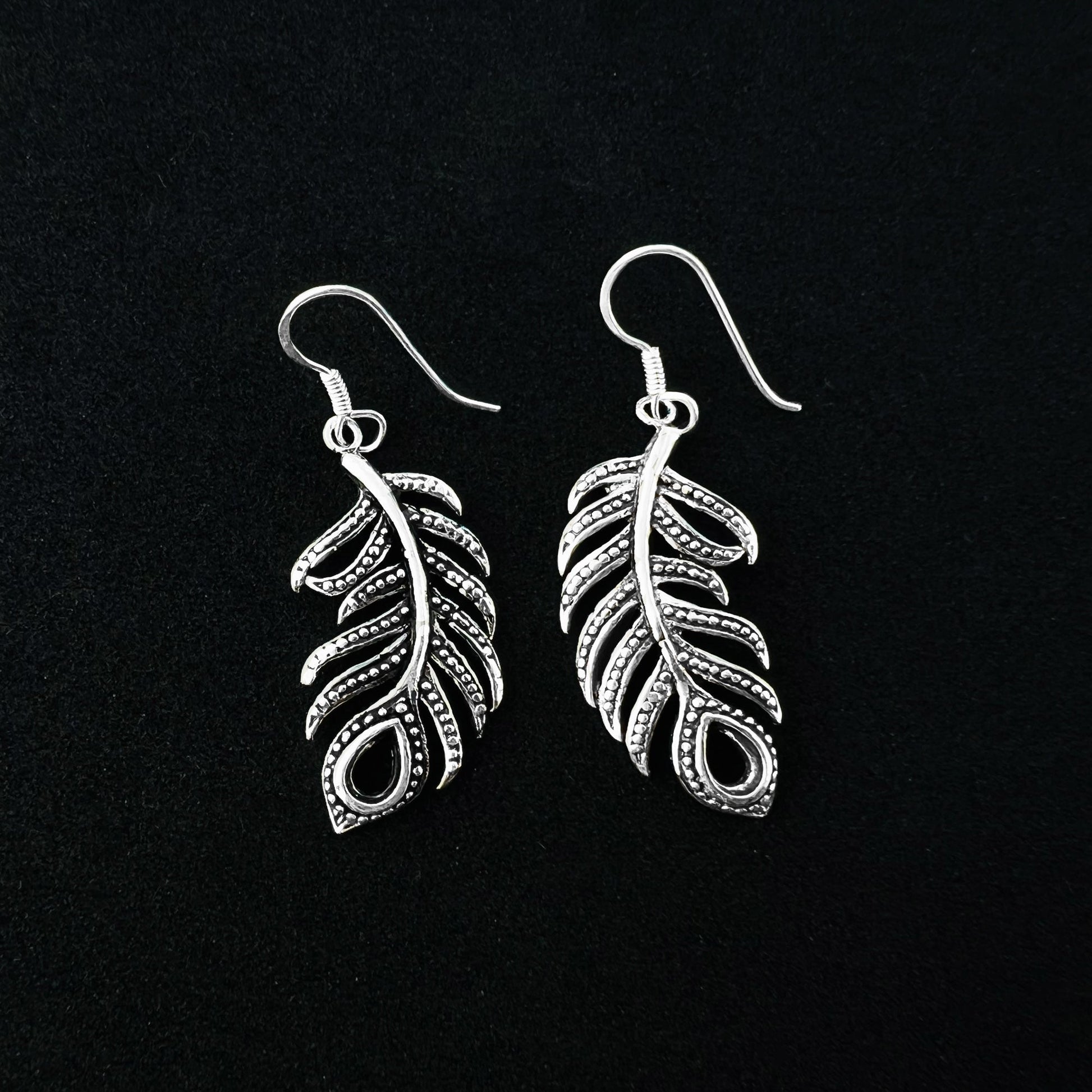 Leaf Crawler Feather Design 925 Sterling Silver Oxidized Hook Dangle Earrings - Gem Avenue