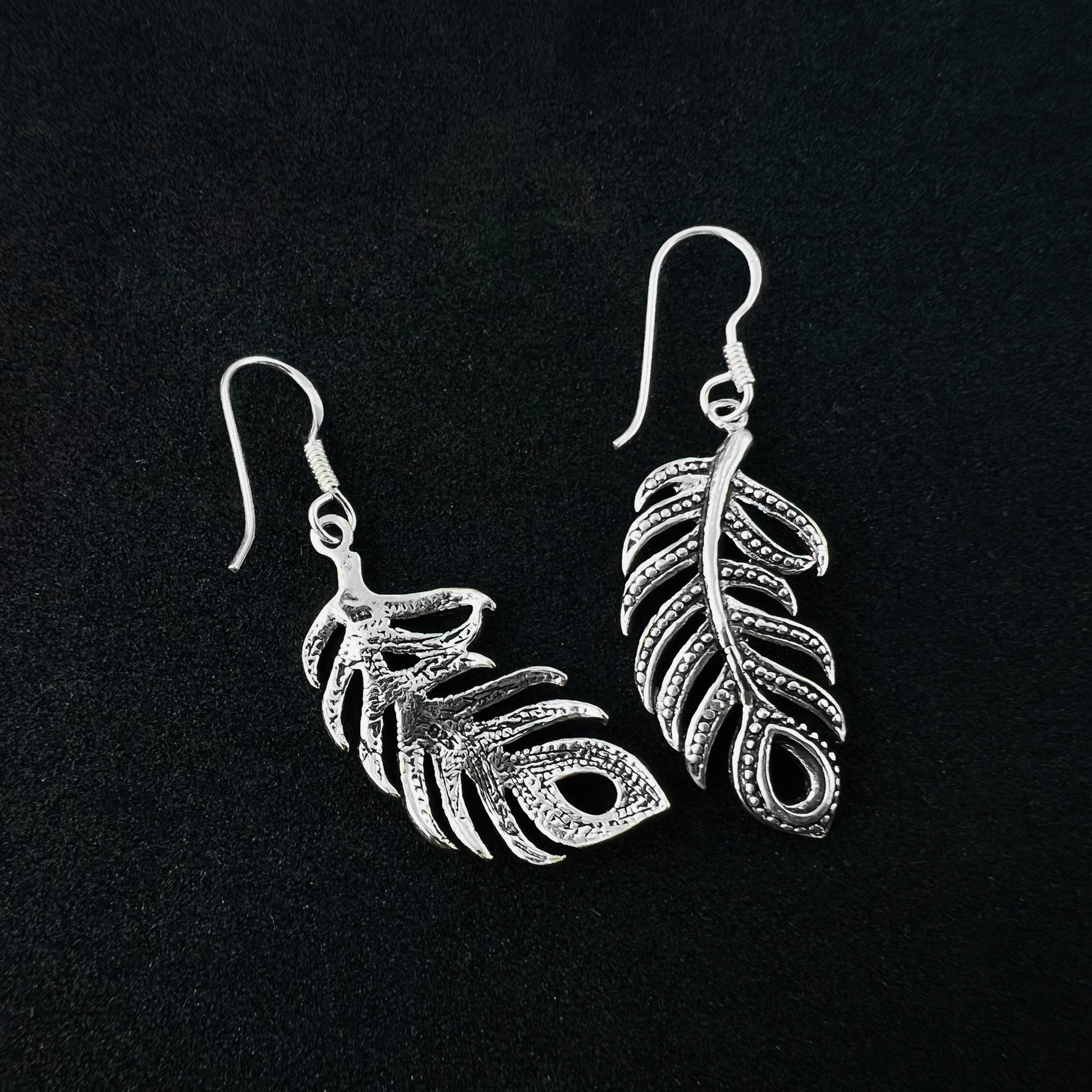 Leaf Crawler Feather Design 925 Sterling Silver Oxidized Hook Dangle Earrings - Gem Avenue