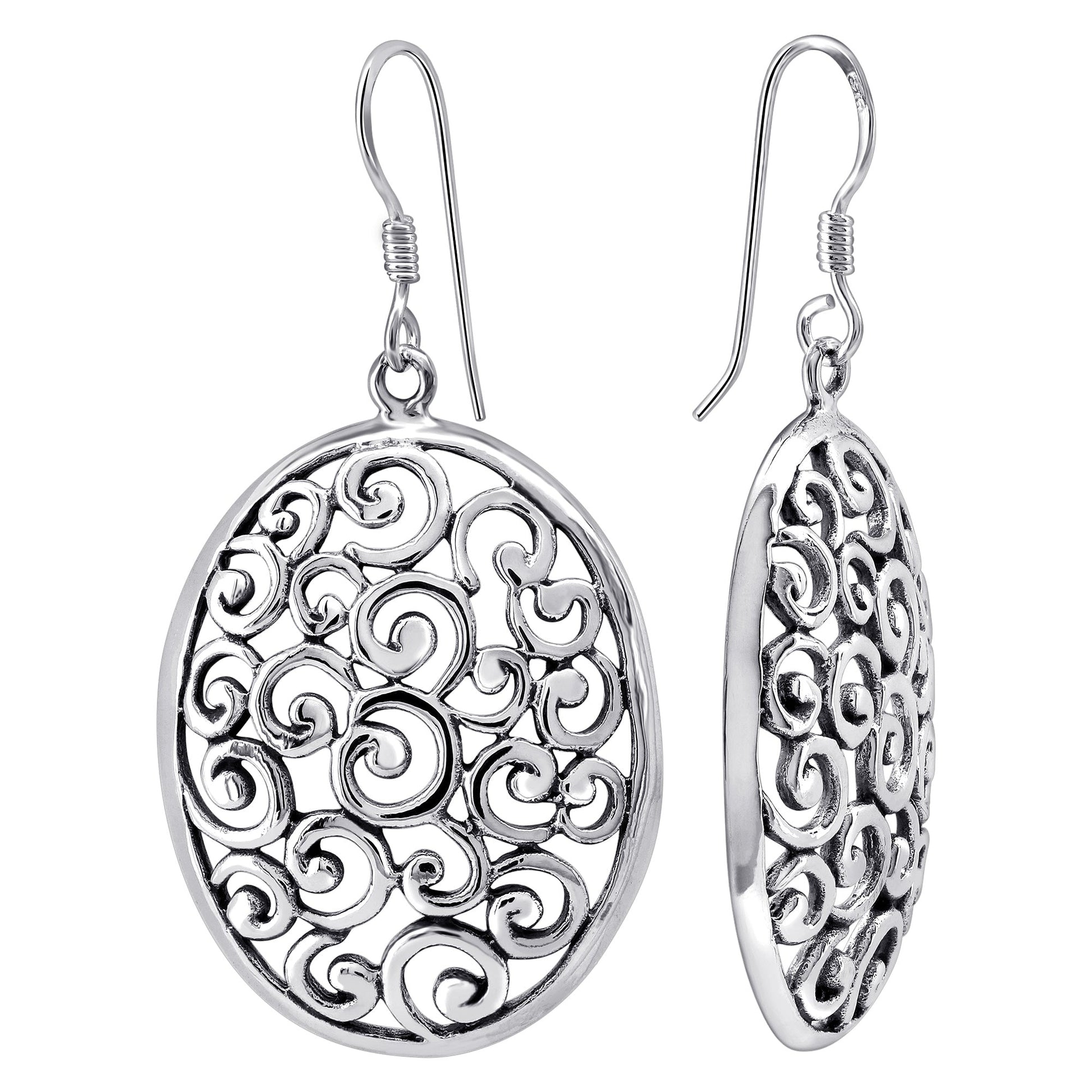 Polished Oxidized Filigree Swirl Design Oval 925 Silver Dangle Earrings - Gem Avenue
