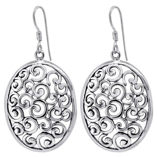 Polished Oxidized Filigree Swirl Design Oval 925 Silver Dangle Earrings - Gem Avenue