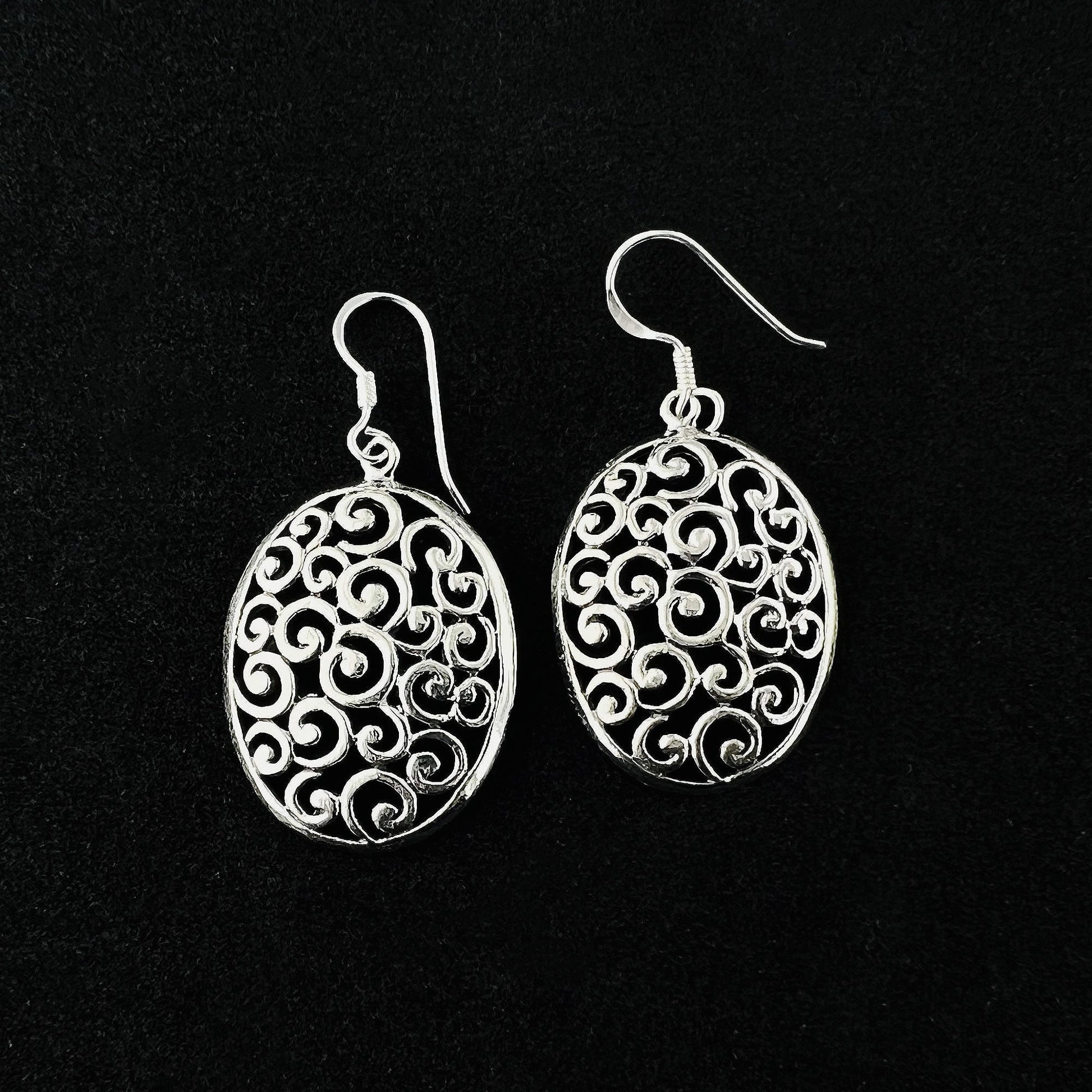 Polished Oxidized Filigree Swirl Design Oval 925 Silver Dangle Earrings - Gem Avenue