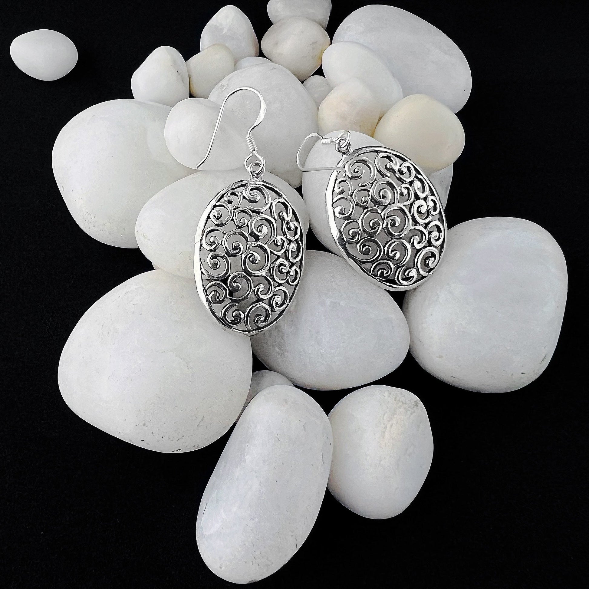 Polished Oxidized Filigree Swirl Design Oval 925 Silver Dangle Earrings - Gem Avenue