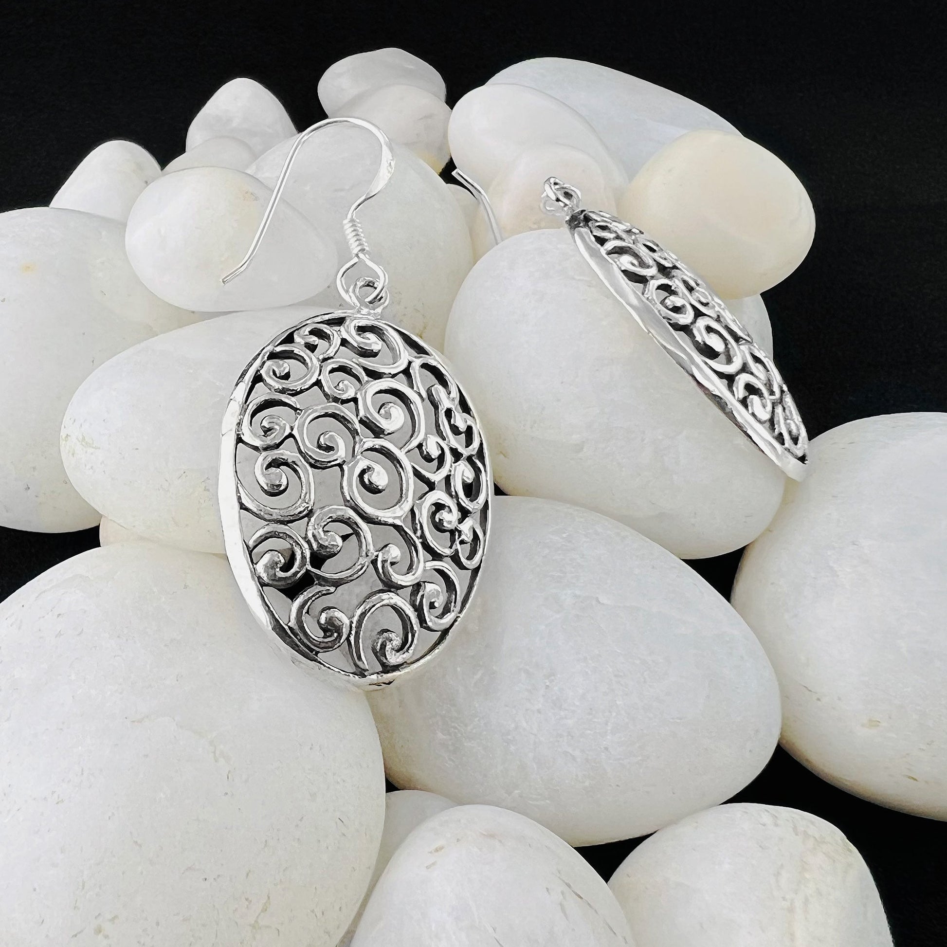 Polished Oxidized Filigree Swirl Design Oval 925 Silver Dangle Earrings - Gem Avenue