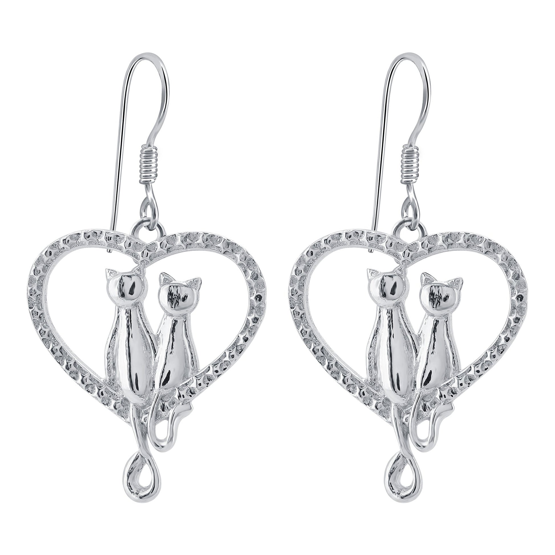 Love Heart Cat Couple Star Design 925 Sterling Silver Drop Earrings - Gem Avenue