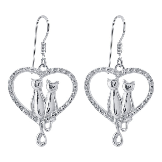 Love Heart Cat Couple Star Design 925 Sterling Silver Drop Earrings - Gem Avenue