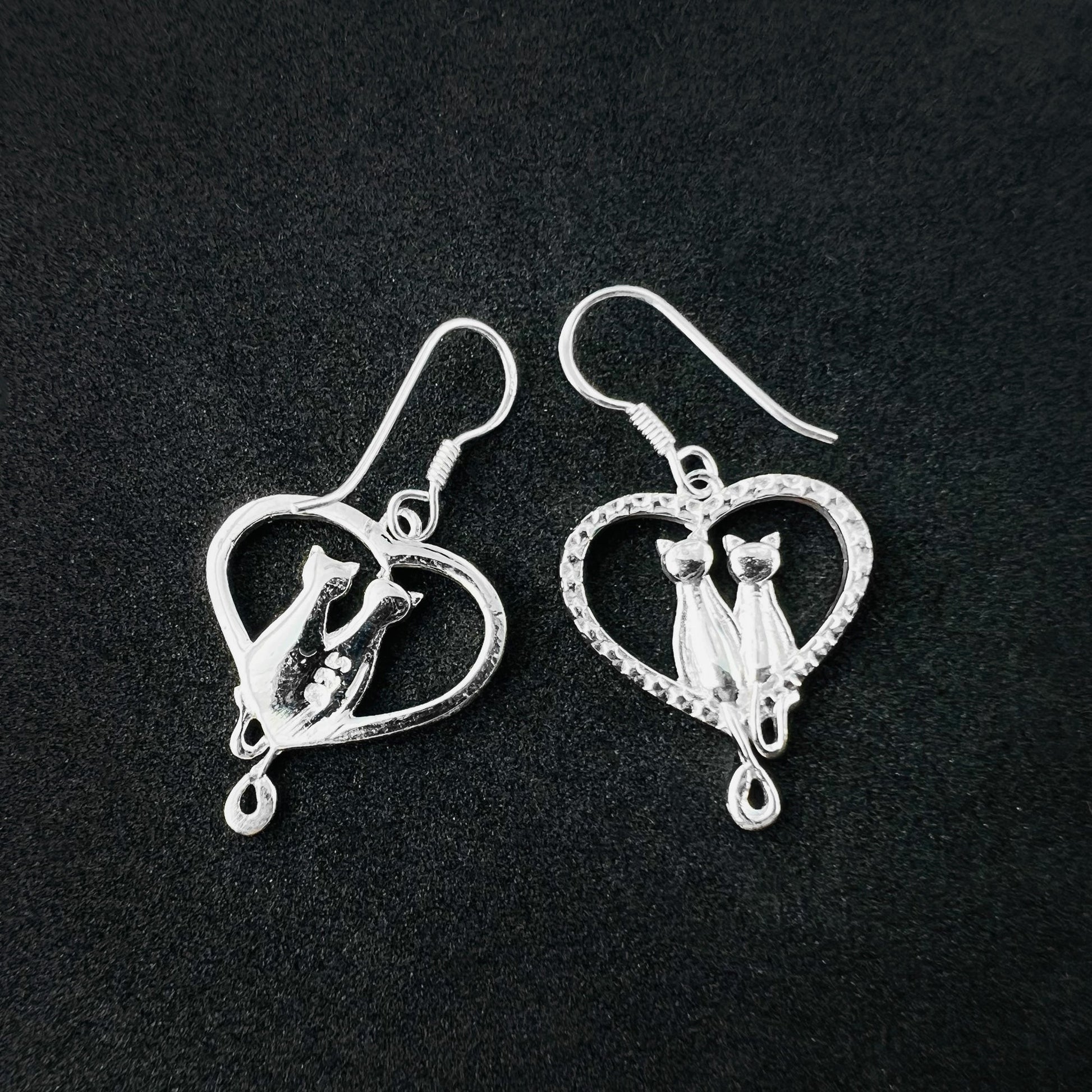 Love Heart Cat Couple Star Design 925 Sterling Silver Drop Earrings - Gem Avenue