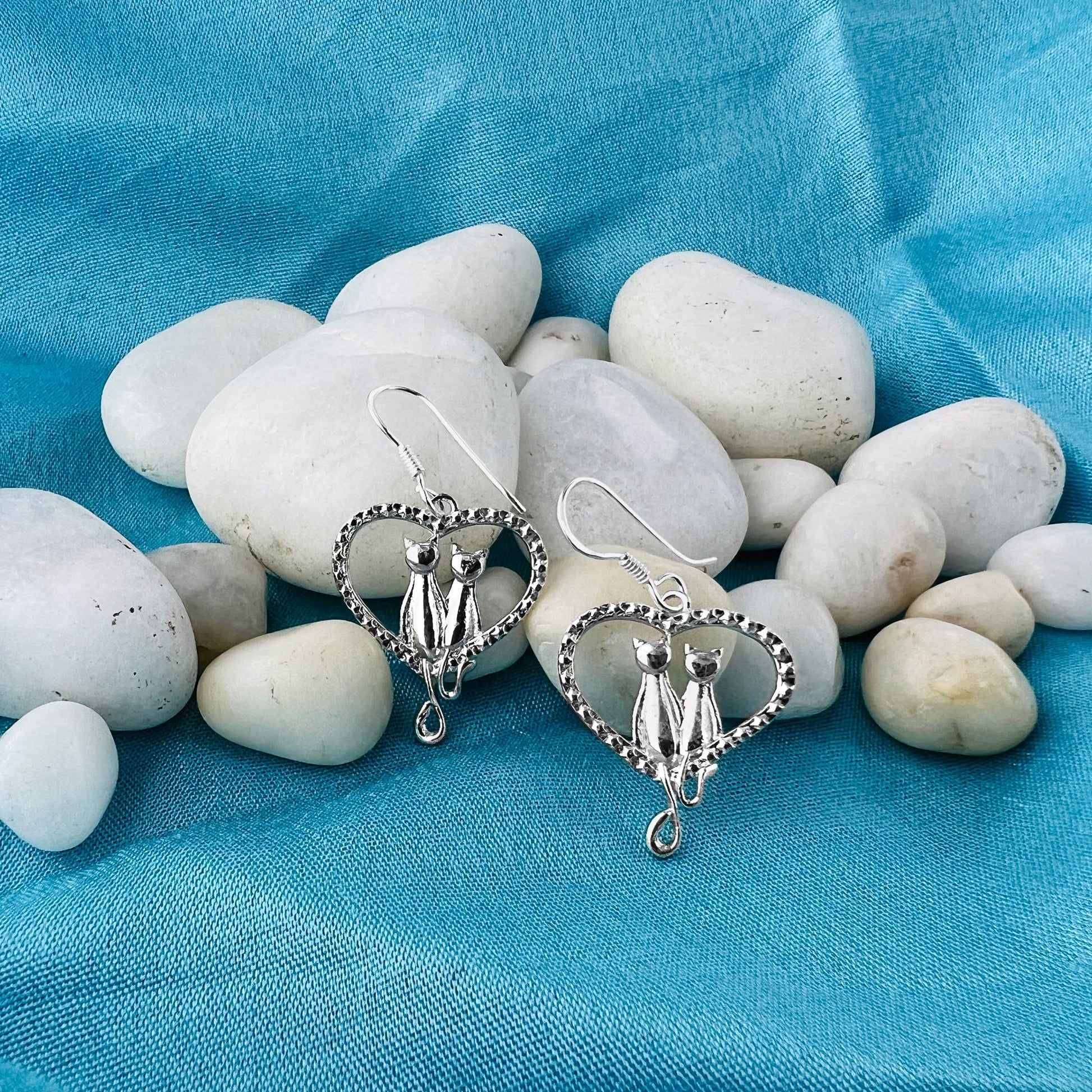 Love Heart Cat Couple Star Design 925 Sterling Silver Drop Earrings - Gem Avenue