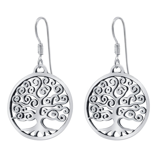 Swirl Circle Tree Of Life Sterling Silver Hook Drop Dangle Earrings - Gem Avenue