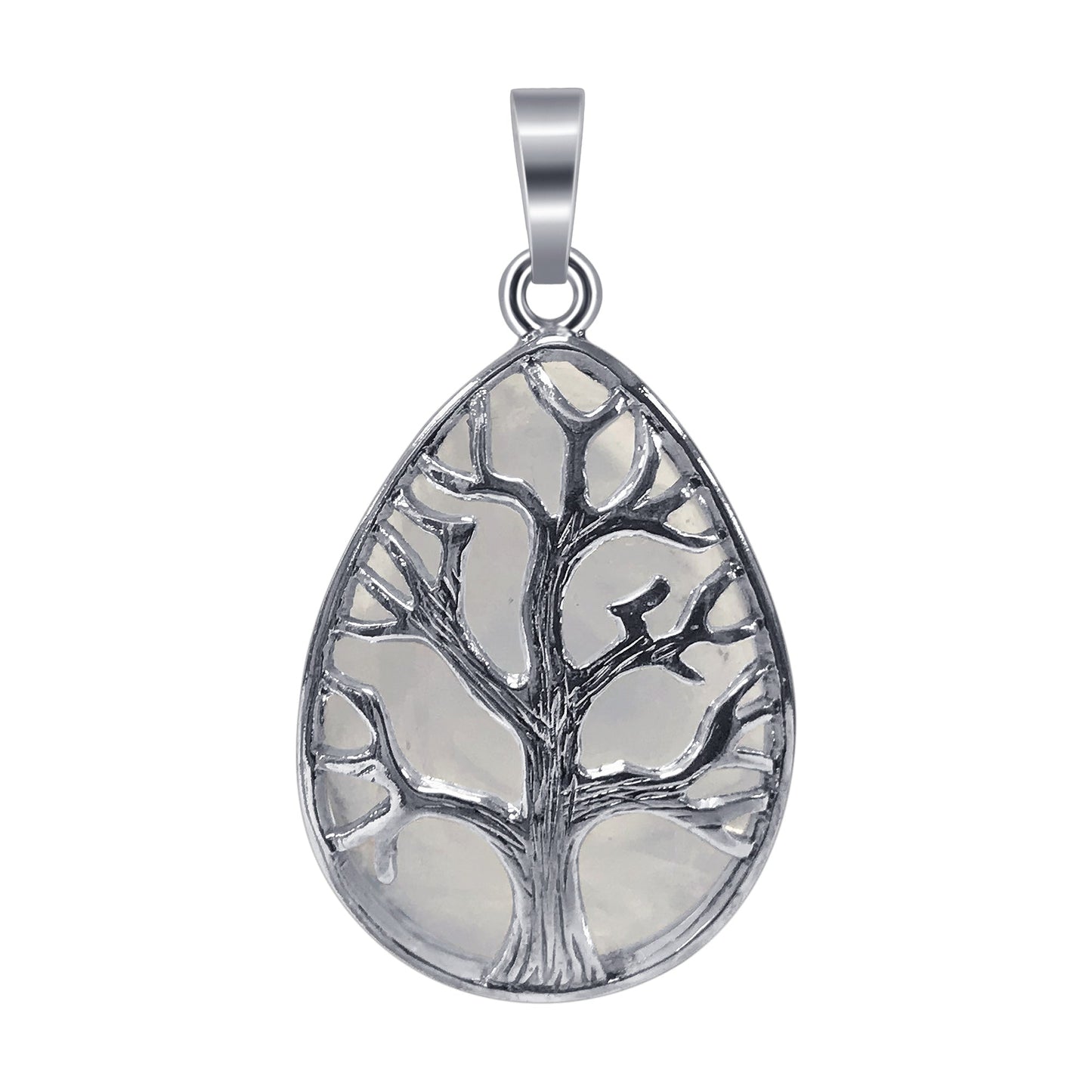 Silver Plated Tree of Life Teardrop Clear Quartz Gemstone Pendant - Gem Avenue