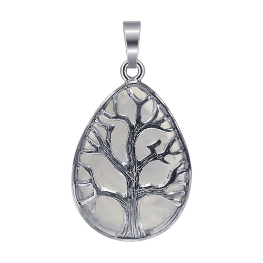 Silver Plated Tree of Life Teardrop Clear Quartz Gemstone Pendant - Gem Avenue