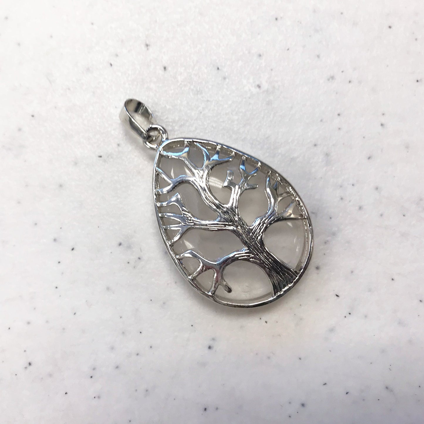 Silver Plated Tree of Life Teardrop Clear Quartz Gemstone Pendant - Gem Avenue