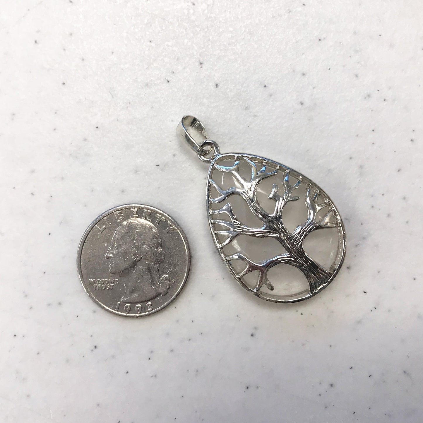 Silver Plated Tree of Life Teardrop Clear Quartz Gemstone Pendant - Gem Avenue