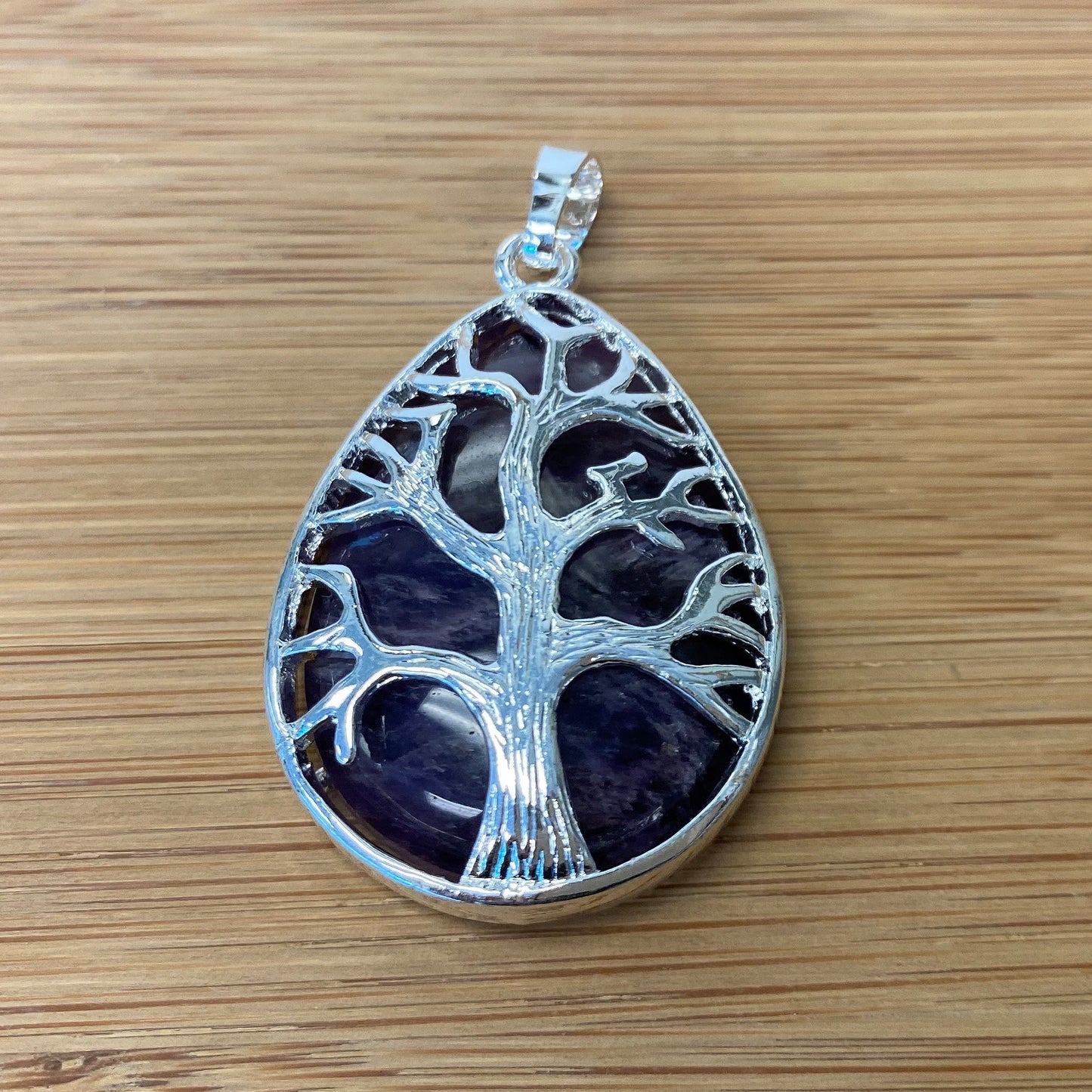 Silver Plated Tree of Life Purple Amethyst Gemstone Teardrop Pendant - Gem Avenue