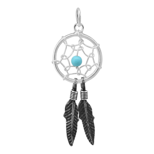 Simulated Blue Turquoise Web Feather 925 Sterling Silver Pendant - Gem Avenue