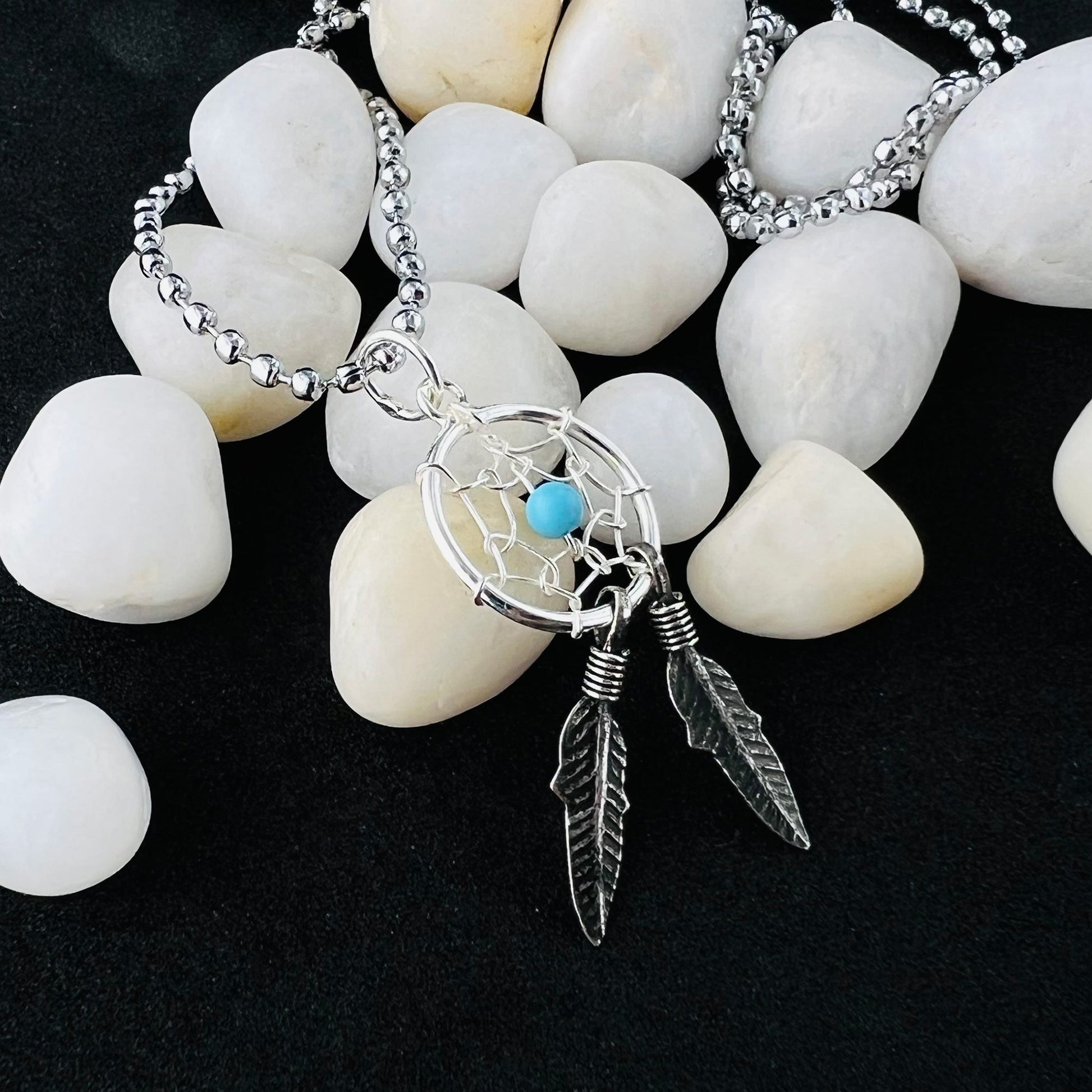 Simulated Blue Turquoise Web Feather 925 Sterling Silver Pendant - Gem Avenue