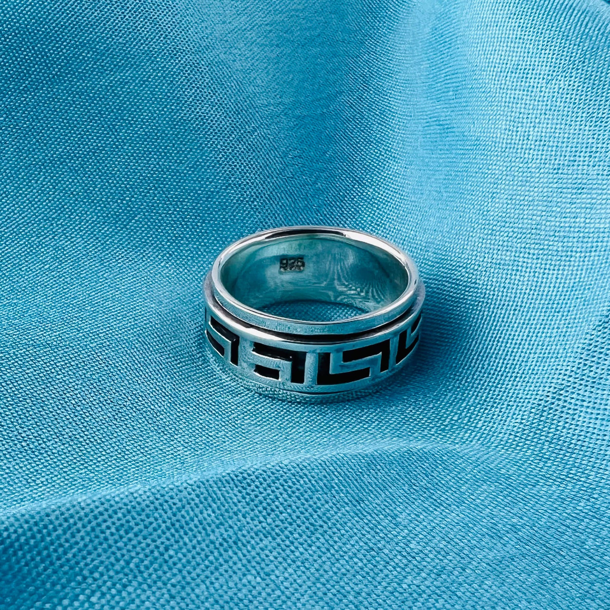 925 Sterling Silver Greek Key Pattern Spinner Band Fidget Ring - Gem Avenue