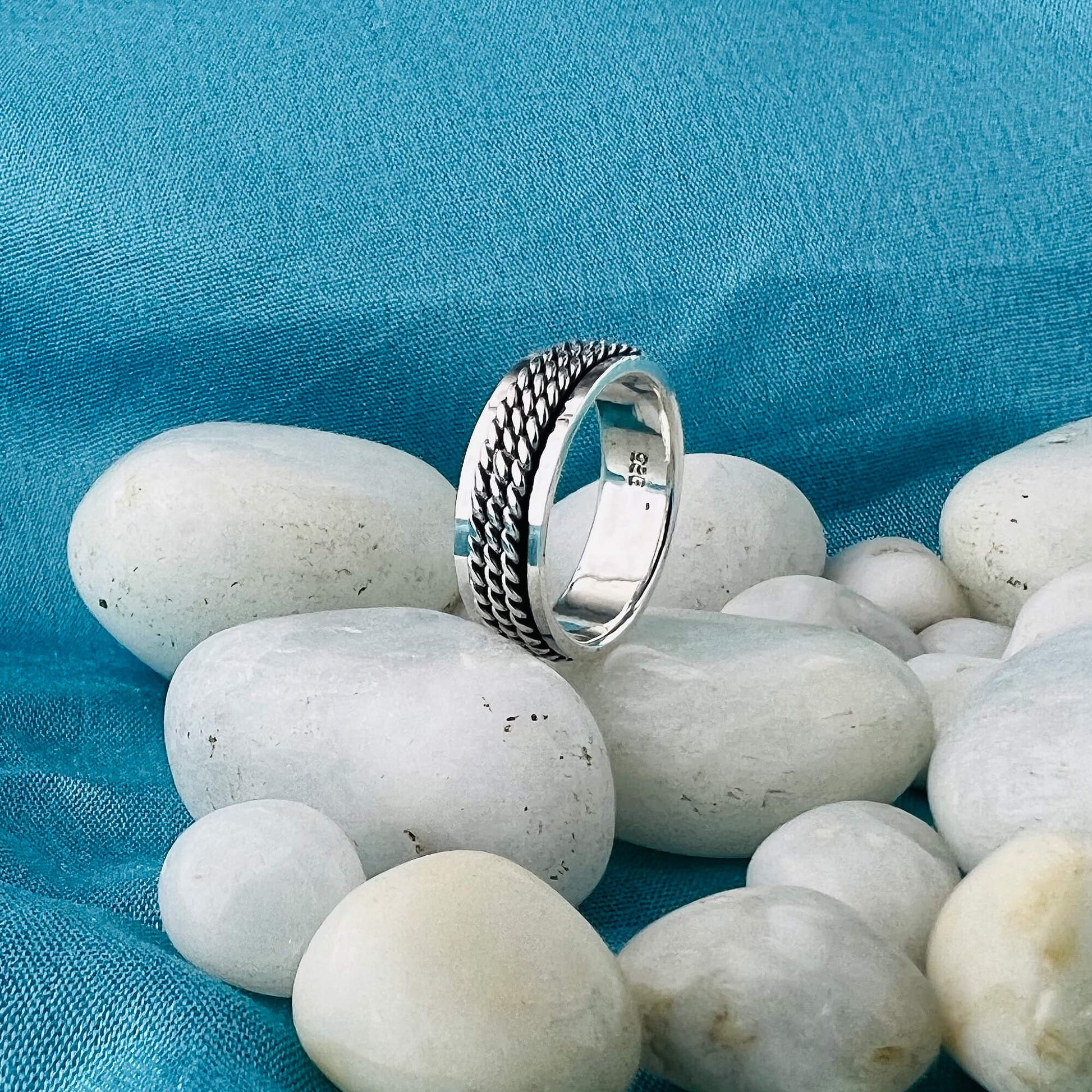 Men's Two Ropes and Spinner 925 Silver Boho Band Fidget Ring - Gem Avenue